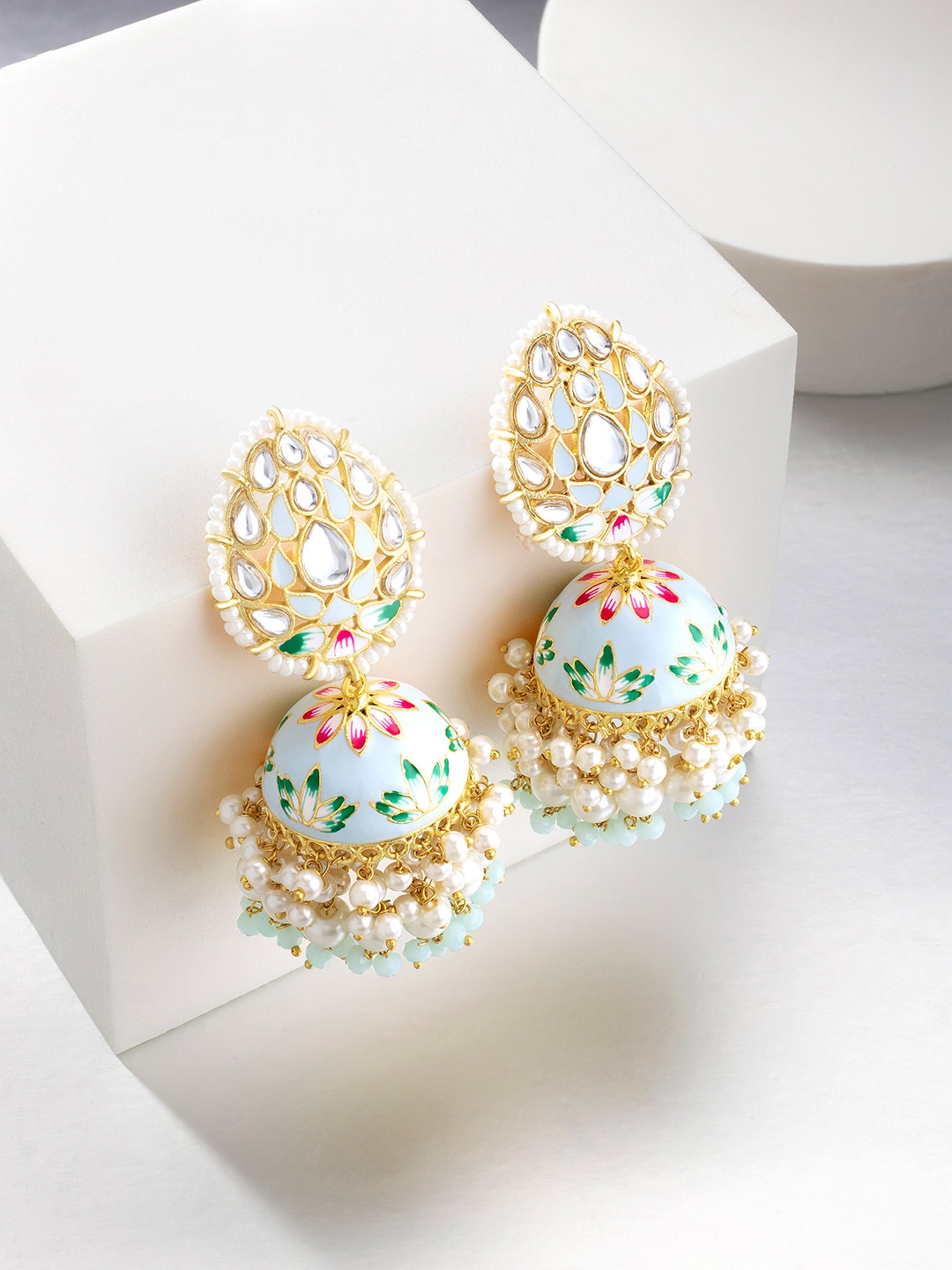 

Peora Gold-Plated Turquoise Blue Kundan Studded Meenakari Enamelled Dome Shaped Jhumkas