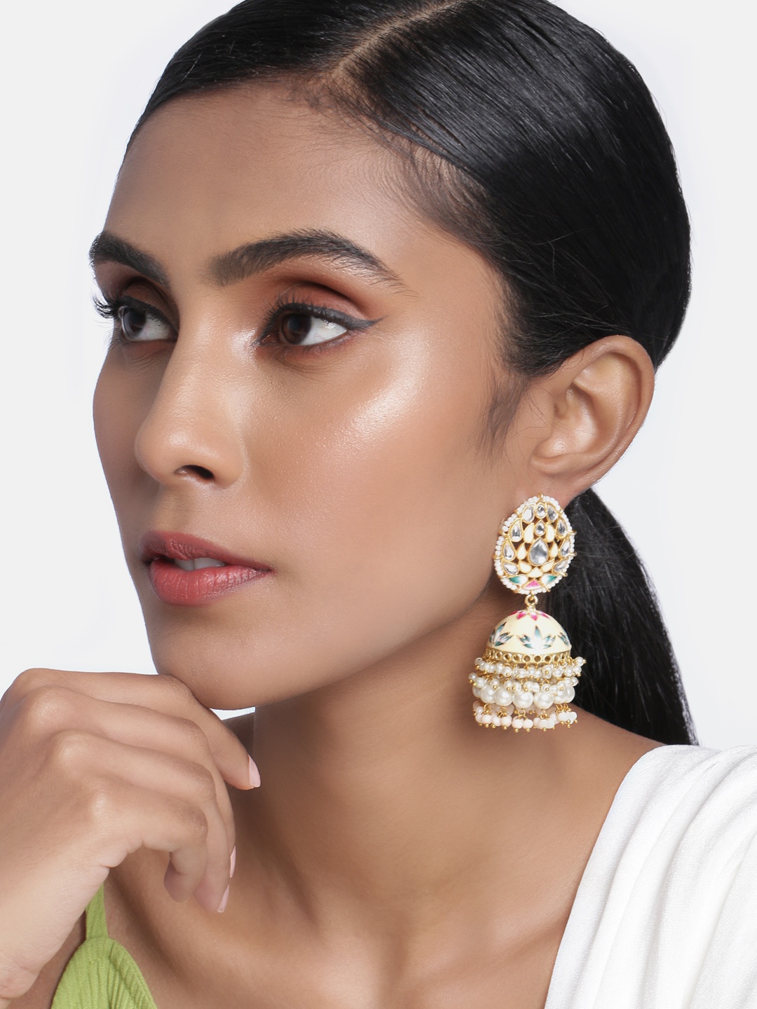 

Peora Gold-Plated Cream Kundan Studded Meenakari Enamelled Dome Shaped Jhumkas