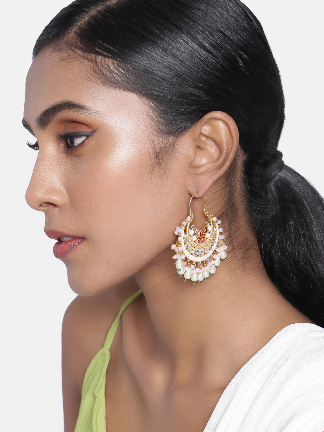 

Peora Gold-Plated Pink Kundan Studded Crescent Shaped Enamelled Hoop Earrings