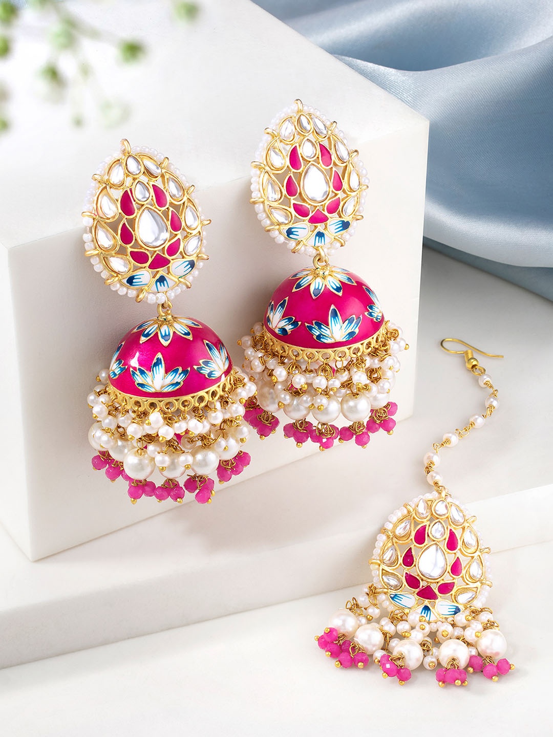 

Peora Gold Plated & Pink Meenakari Jewellery Set