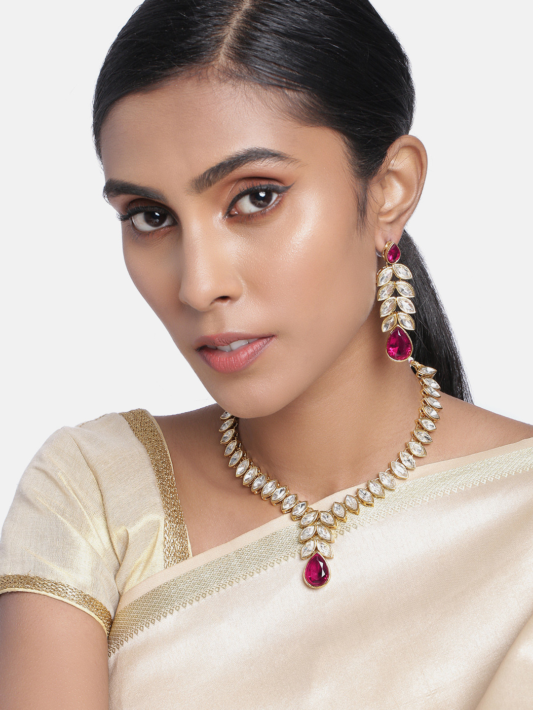 

Peora Gold-Plated Magenta Crystal Studded Jewellery Set
