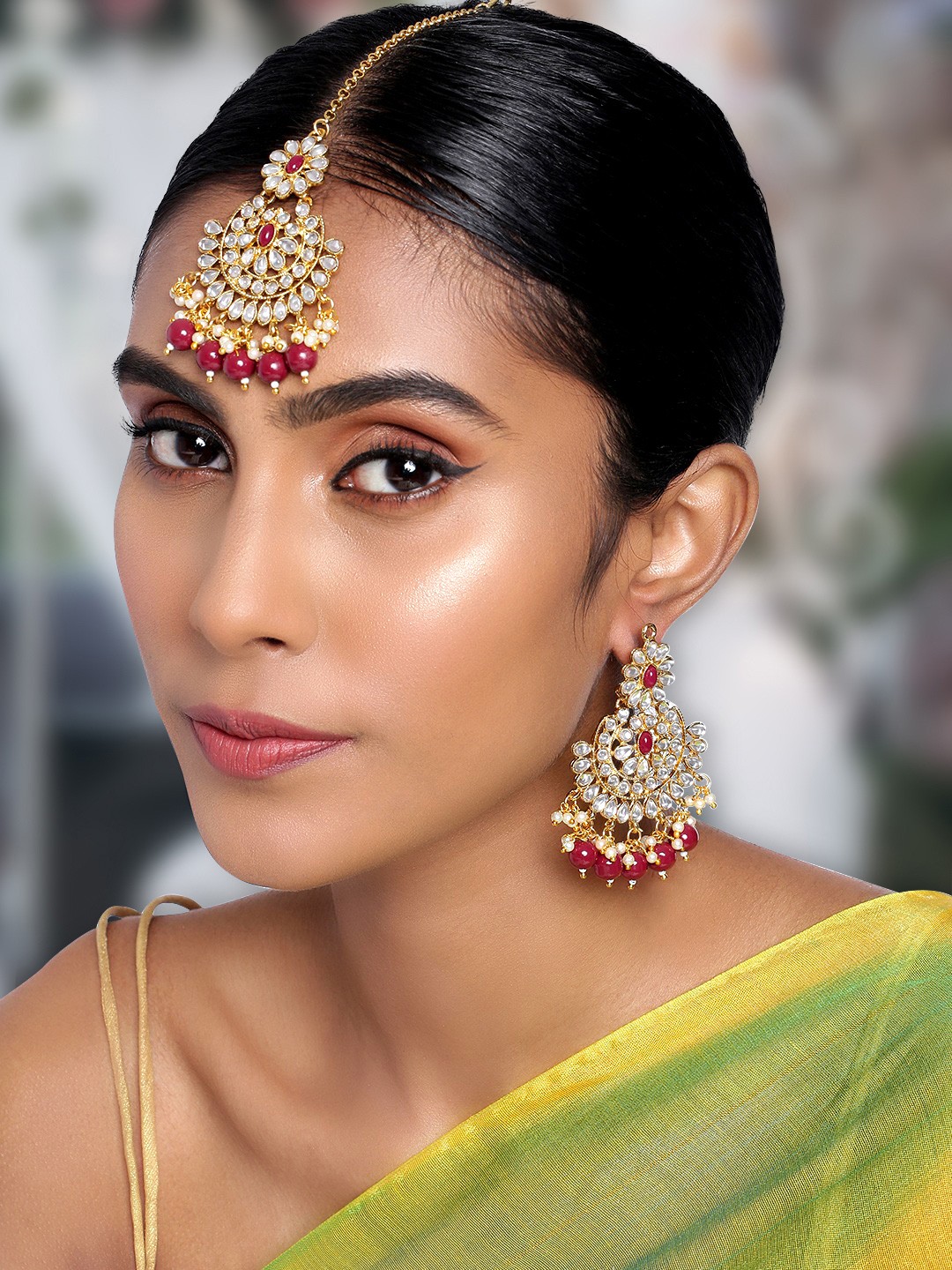 

Peora Gold Plated & Red Kundan Pearl Studded Jewellery Set