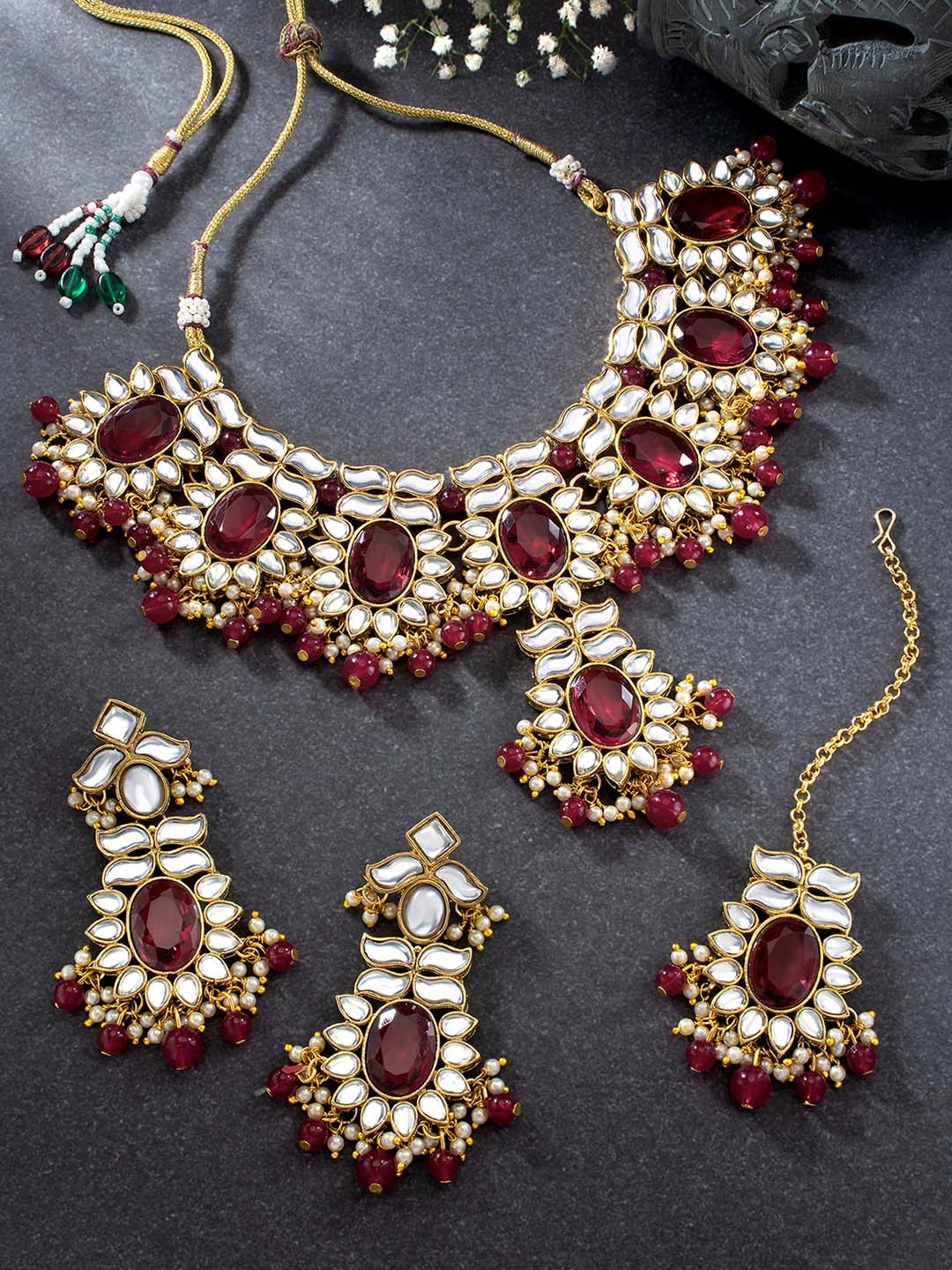 

Peora Maroon & White Gold-Plated Crystal Studded Jewellery Set
