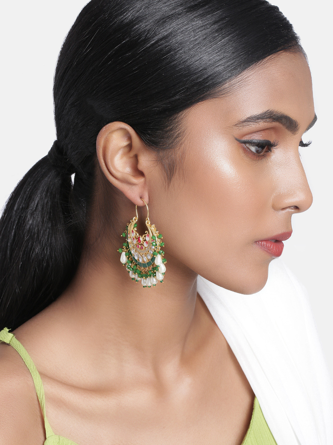 

Peora Gold-Plated Green Kundan Studded Crescent Shaped Enamelled Hoop Earrings