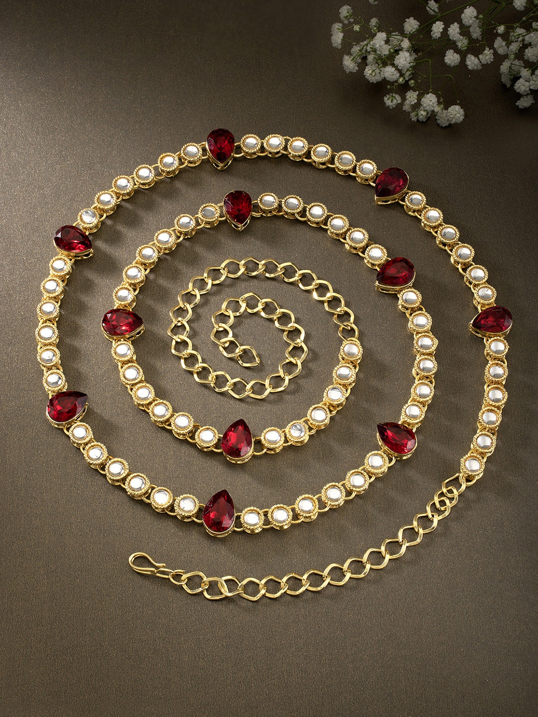 

Peora Gold Plated Maroon & White Kundan Studded Embellished Kamarbandh