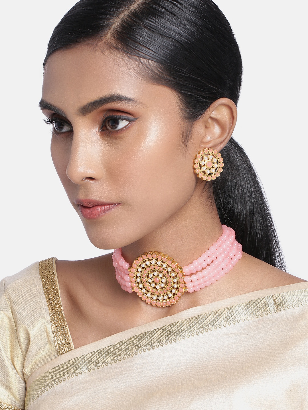 

Peora Gold Plated & Pink Kundan & Pearl Studded Jewellery Set