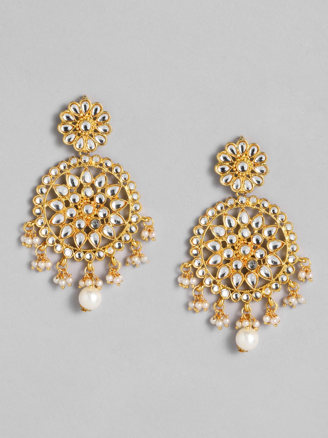 

Peora White & Gold-Toned Kundan Studded Handcrafted Circular Drop Earrings