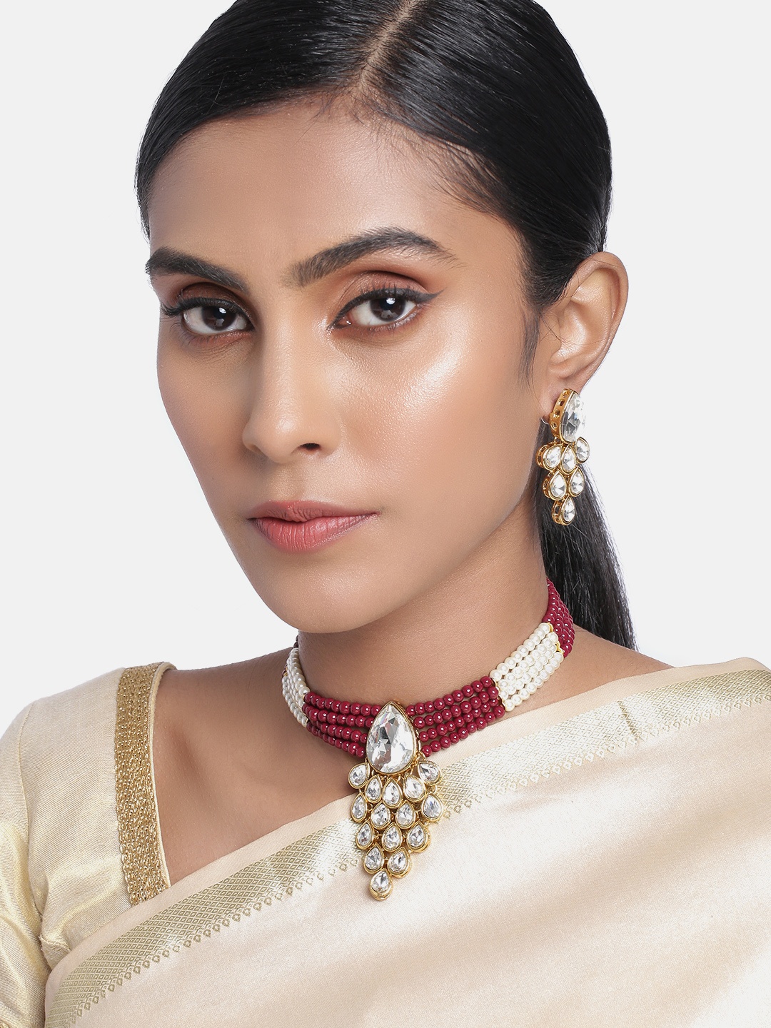 

Peora Gold-Plated Maroon Pearls Beaded Jewellery Set