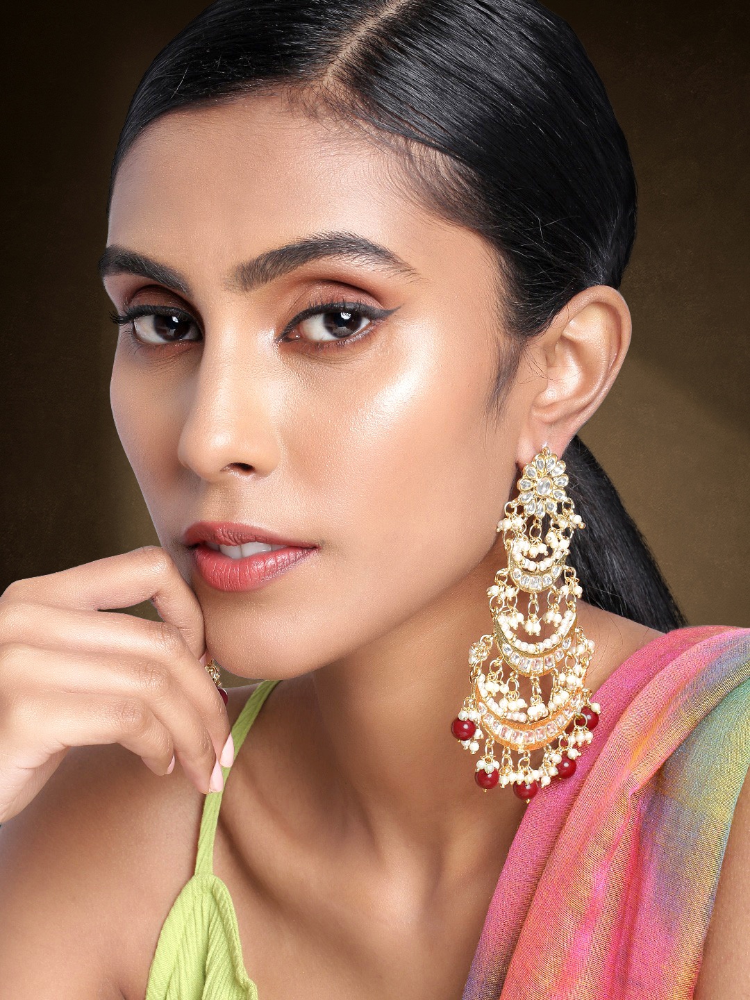 

Peora Maroon Gold-Plated Kundan Studded Handcrafted Crescent Shaped Drop Earrings