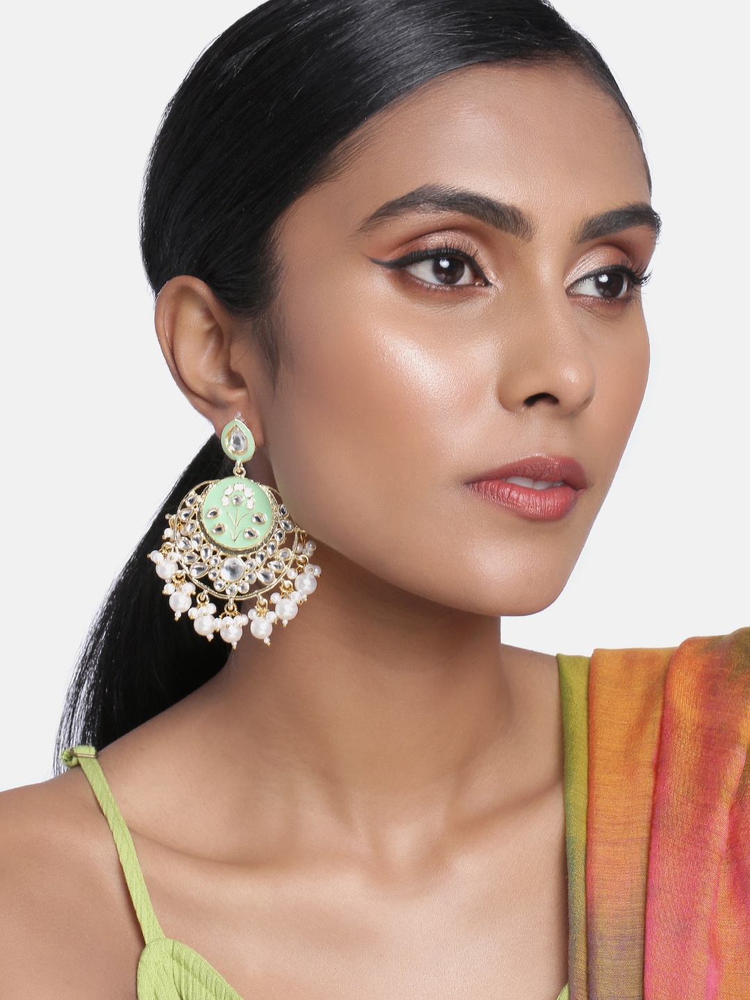 

Peora Gold-Plated Sea Green Kundan Studded Enamelled Circular Drop Earrings