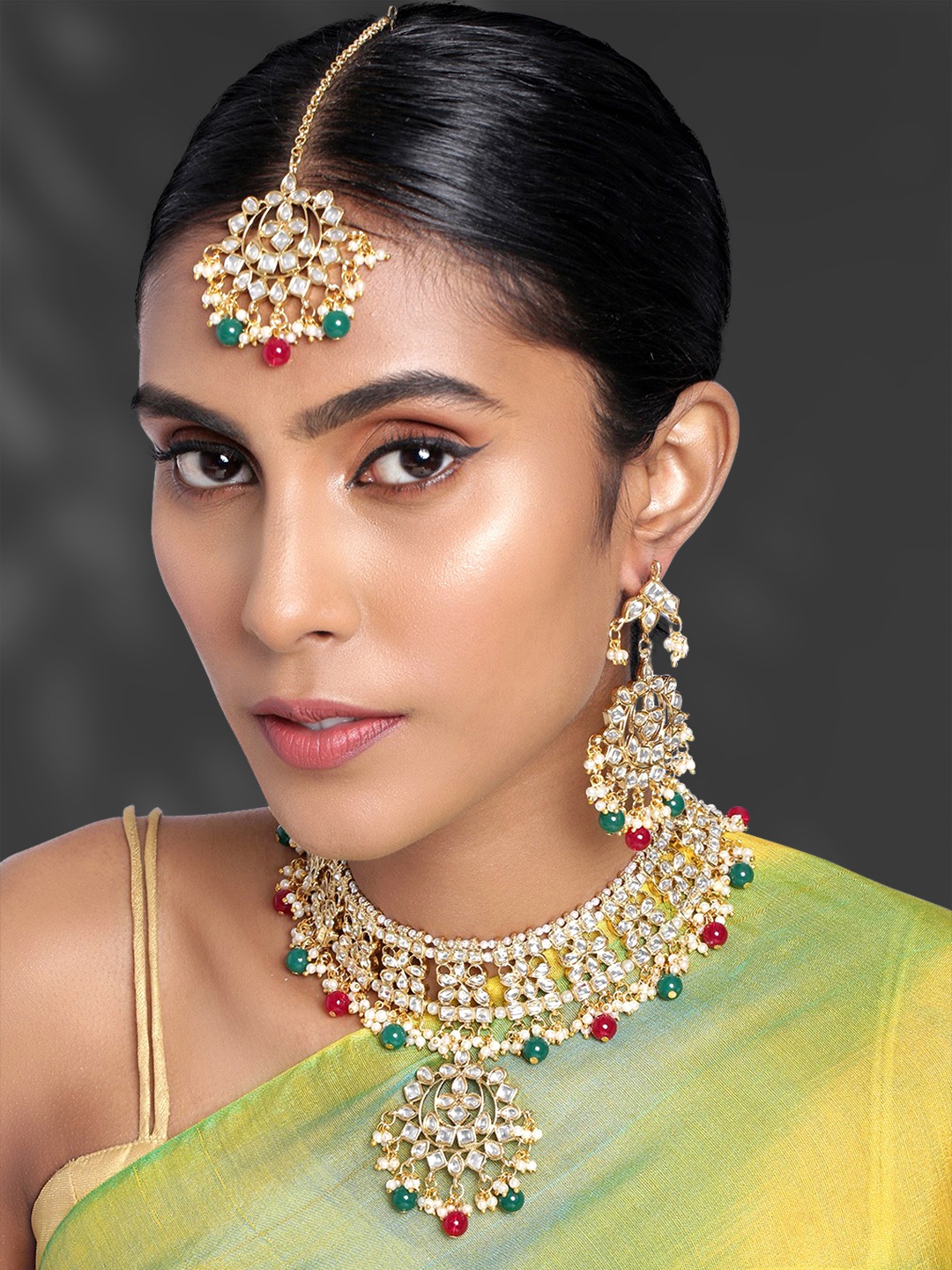 

Peora Gold Plated Multicolored Kundan Studded Handcrafted Enamelled Jewellery Set, Multi