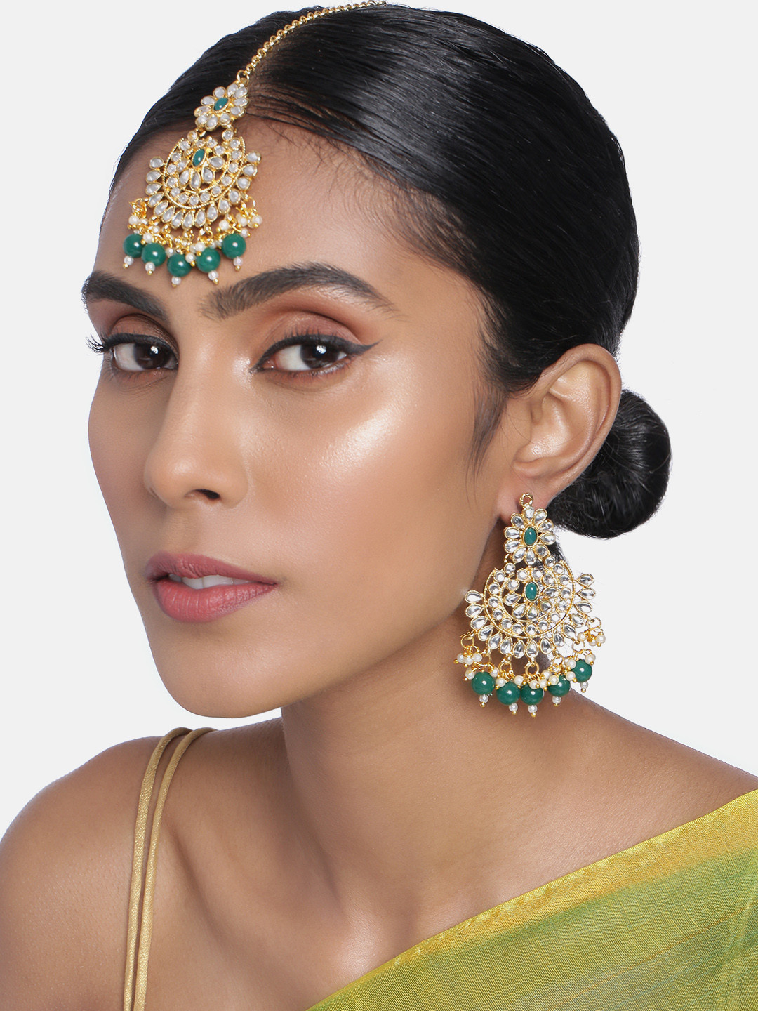 

Peora Gold Plated & Green Kundan Pearl Studded Jewellery Set