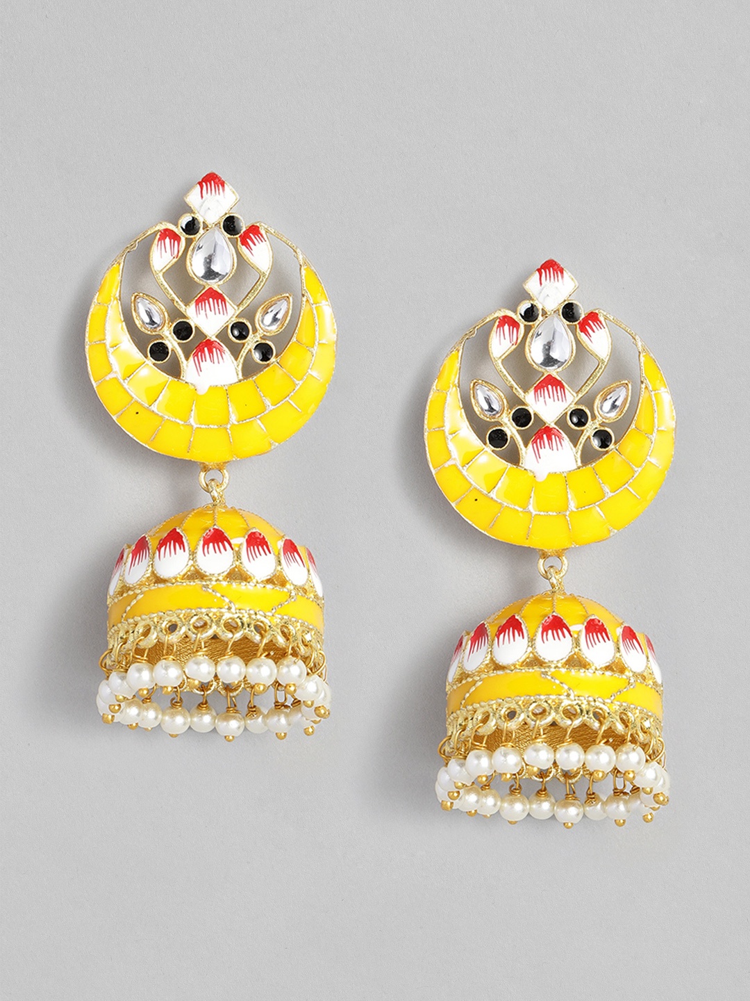 

Peora Gold-Toned & Yellow Dome Shaped Meenakari Jhumka Earrings
