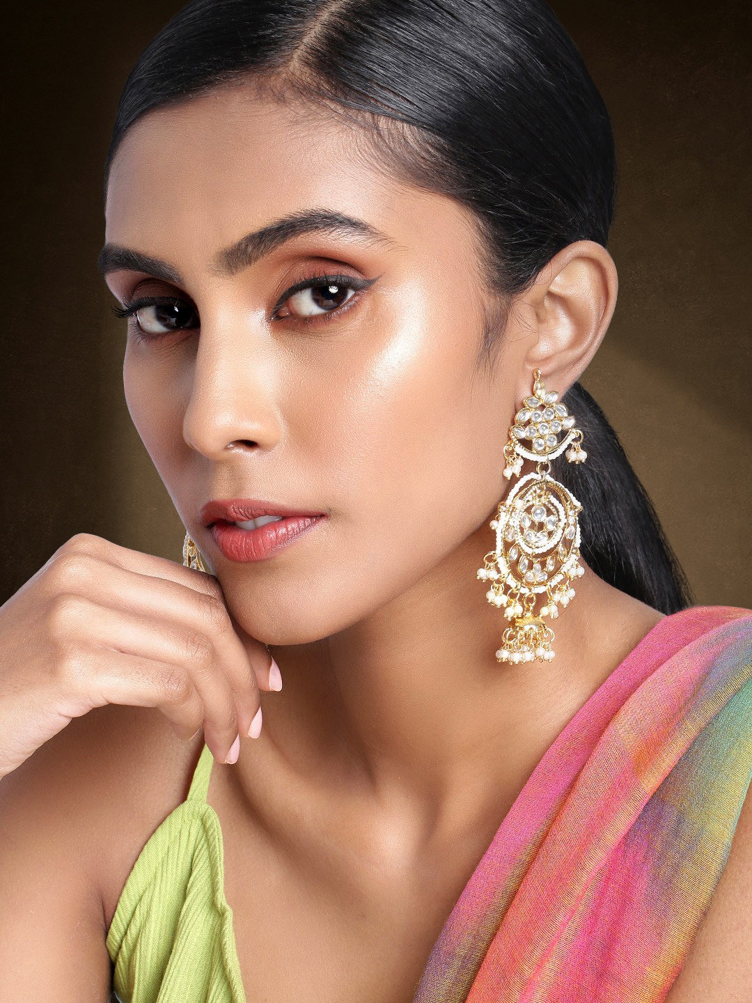 

Peora Gold-Toned & White Crescent Shaped Chandbali Earrings