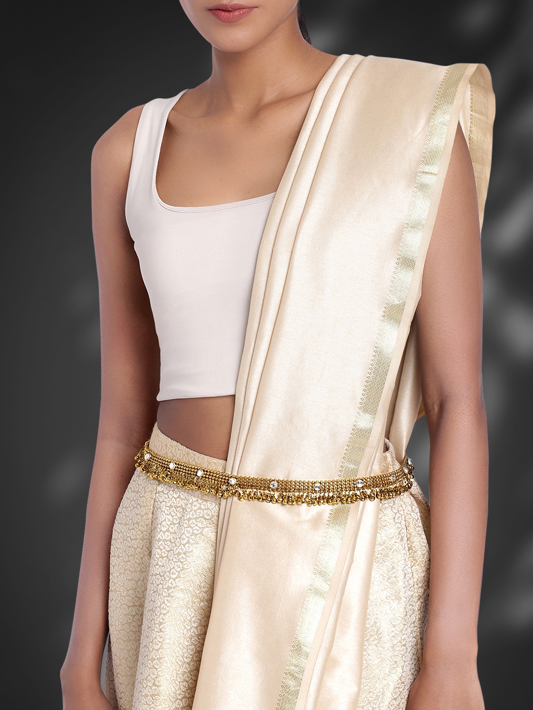 

Peora Antique Gold Plated White Embellished Traditional Kamarbandh