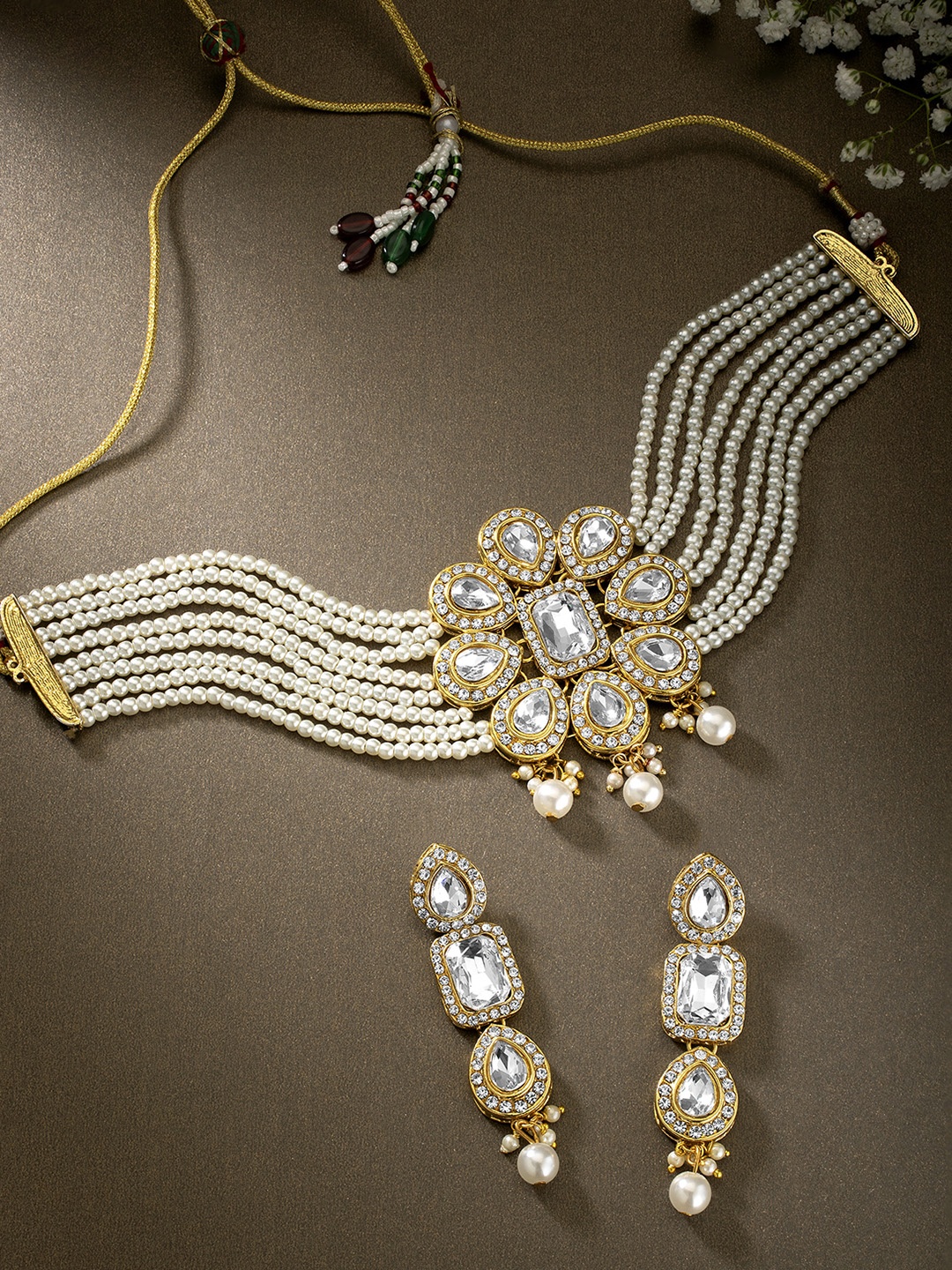 

Peora Gold-Plated White Crystal Studded Jewellery Set