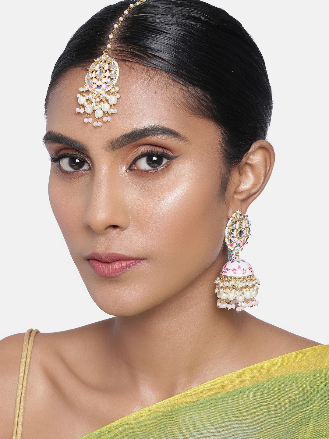 

Peora Pink & White Gold Plated Kundan Pearls Meenakari Jewellery Set