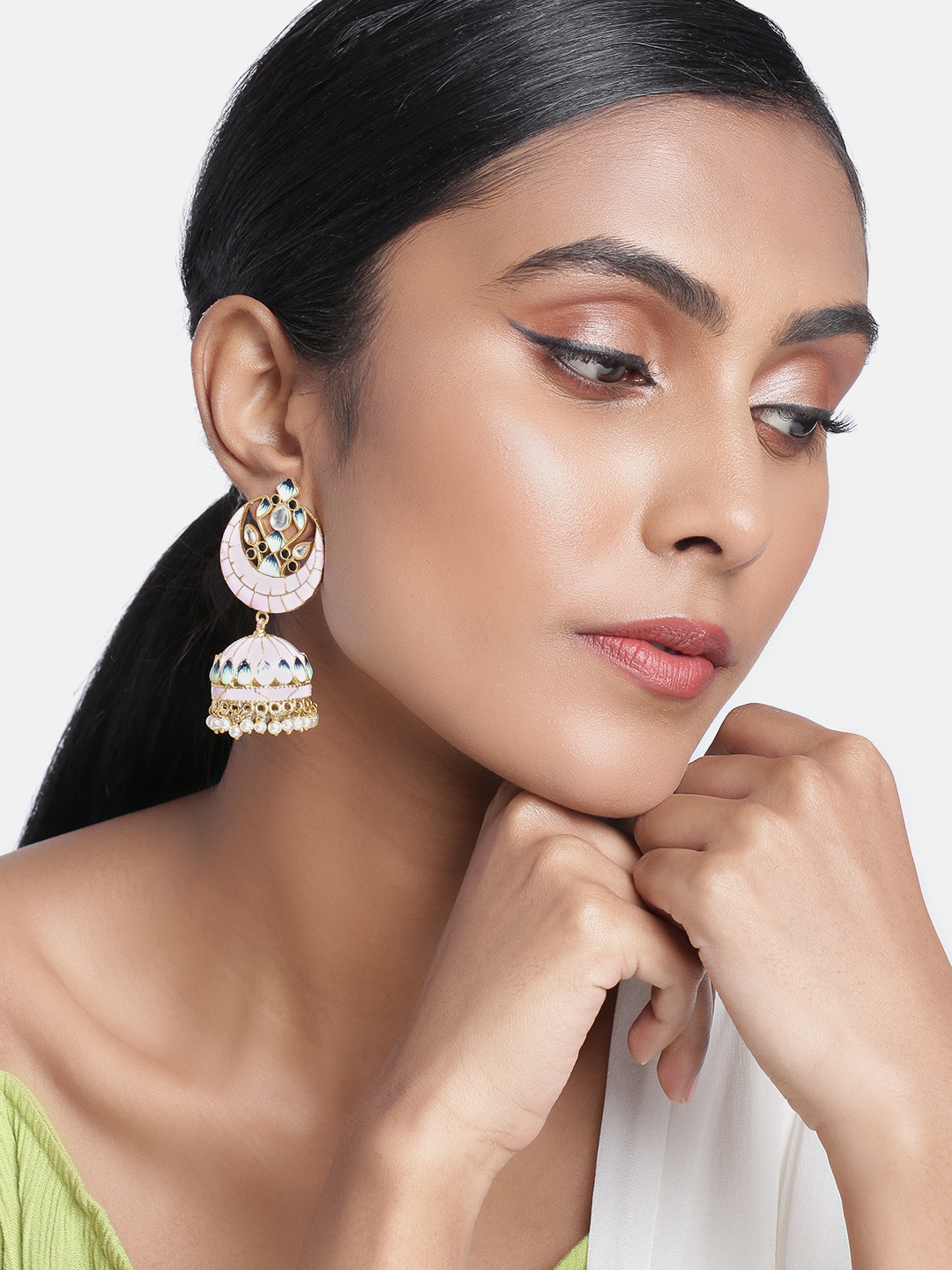 

Peora Gold-Toned & Pink Dome Shaped Meenakari Jhumka Earrings