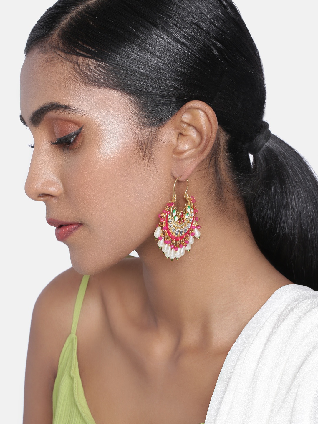 

Peora Gold-Toned & Magenta Crescent Shaped Enamelled Chandbali Earrings