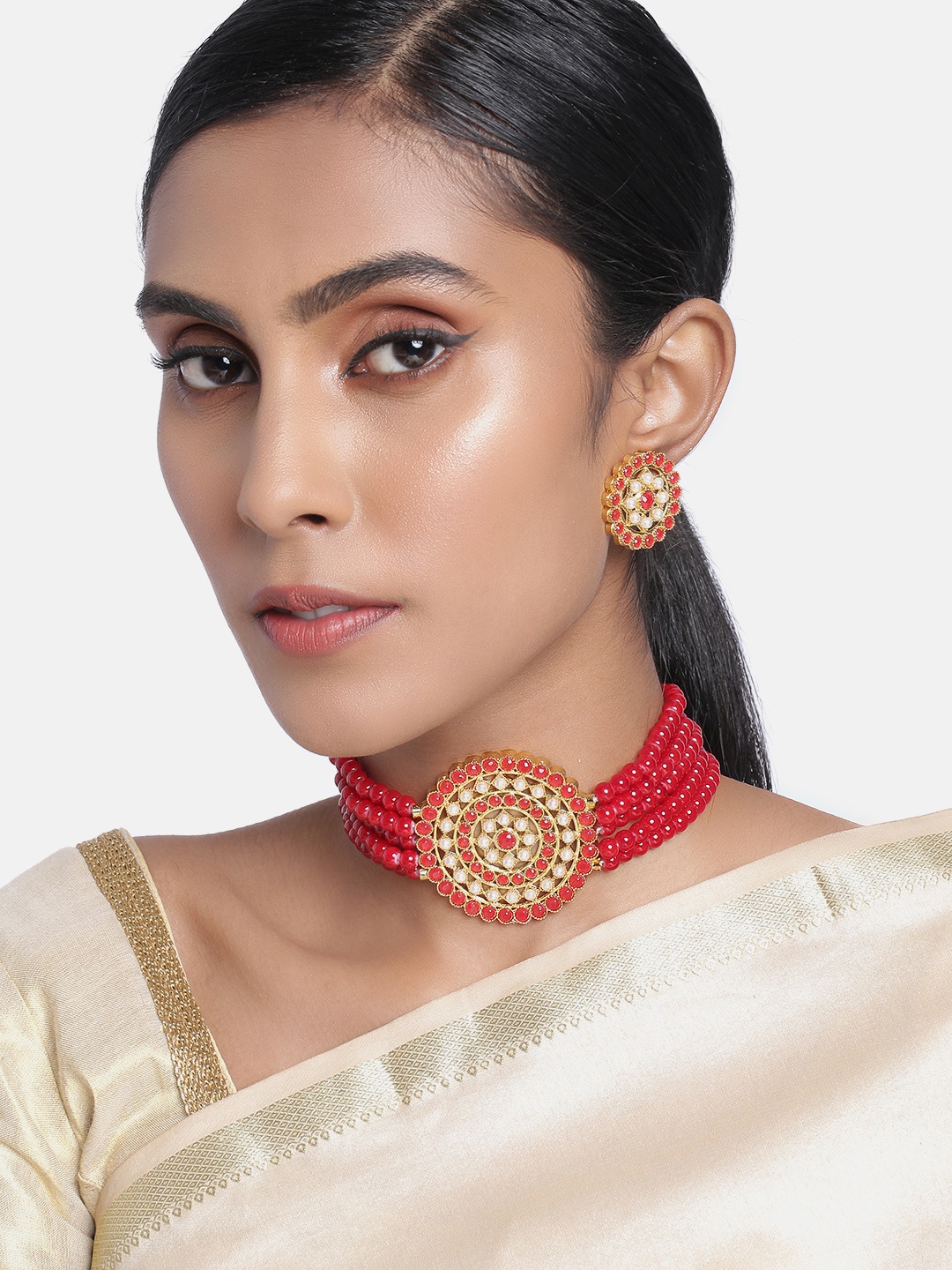 

Peora Red & White Gold Plated Embellished Jewellery Set