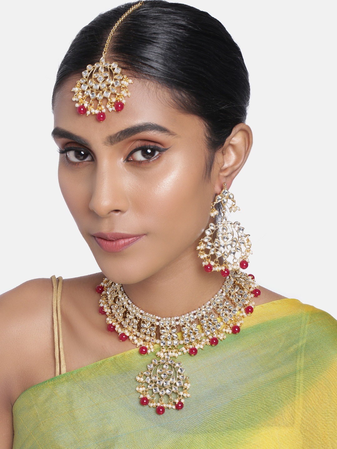

Peora Gold Plated Maroon Kundan Studded Handcrafted Enamelled Jewellery Set