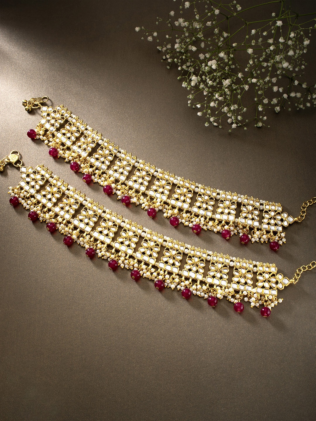 

Peora Set of 2 Gold Plated & Maroon Kundan Pearl Anklets