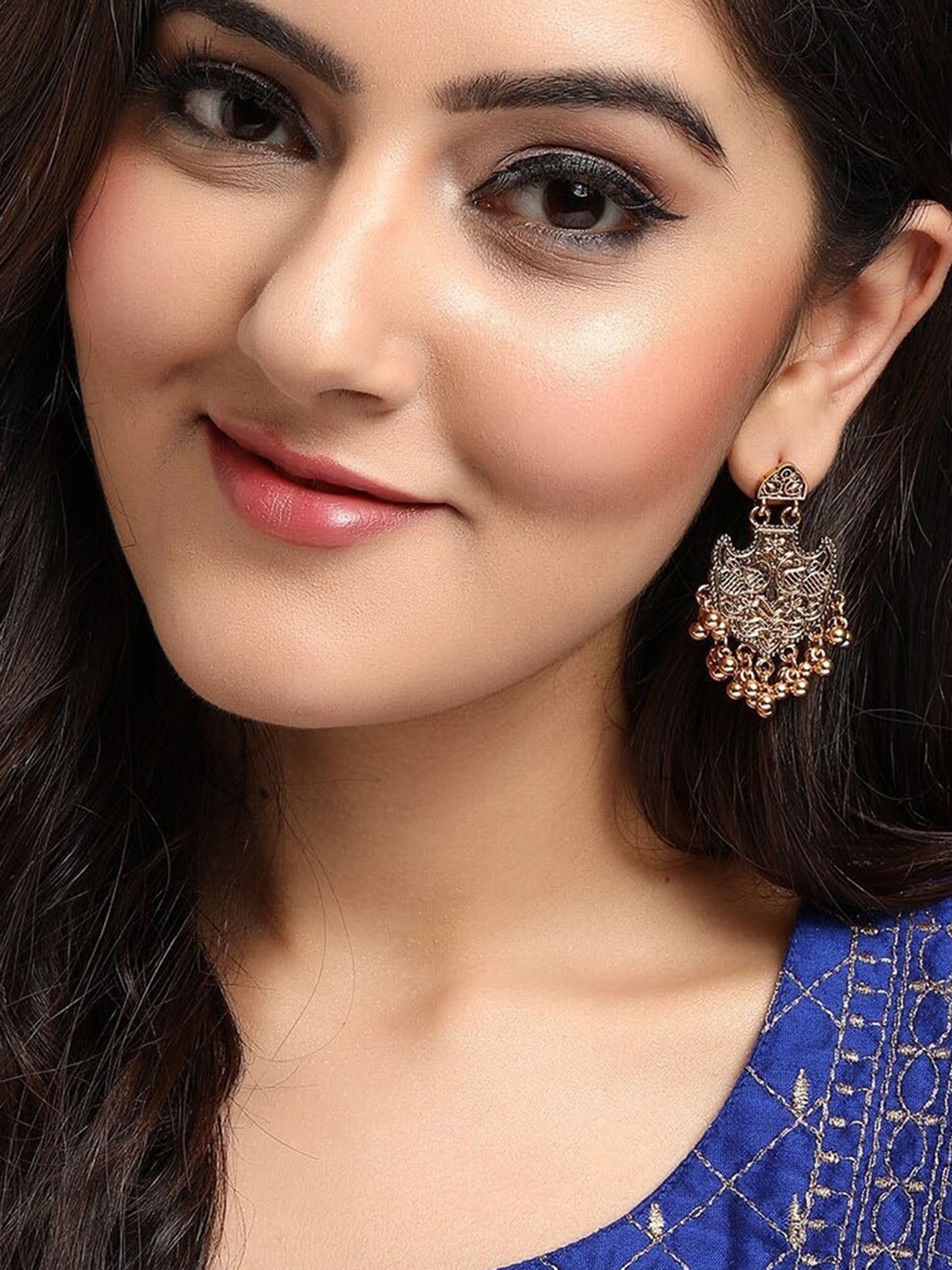 

Rubans Gold-Toned Contemporary Filigree with Ghungru Oxidized Drop Earrings