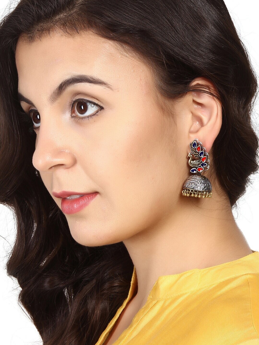 

Rubans Silver-Toned Multicolored Peacock Shaped Jhumkas Earrings