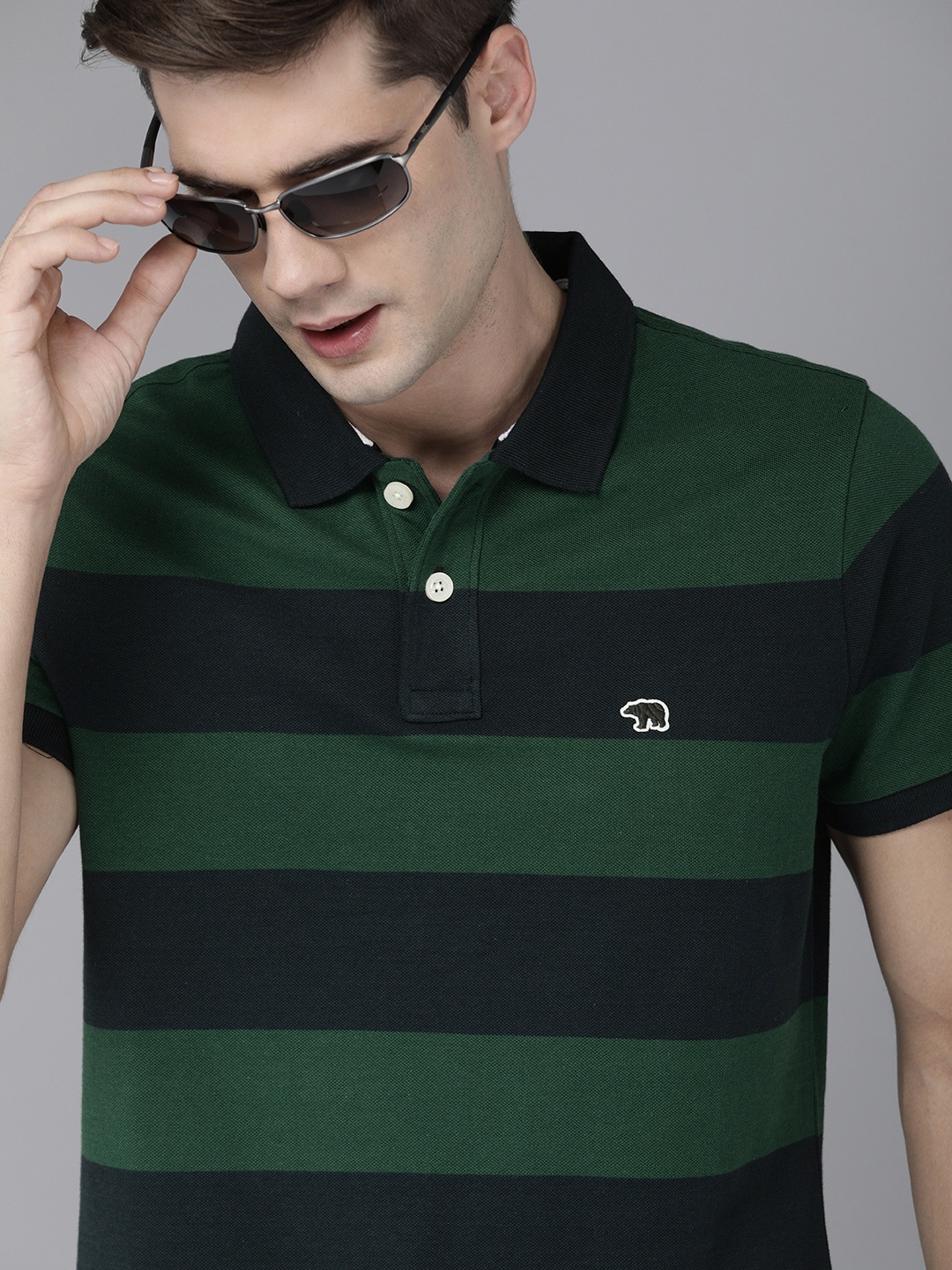 

THE BEAR HOUSE Men Navy Blue Green Striped Polo Collar Slim Fit Pure Cotton T-shirt