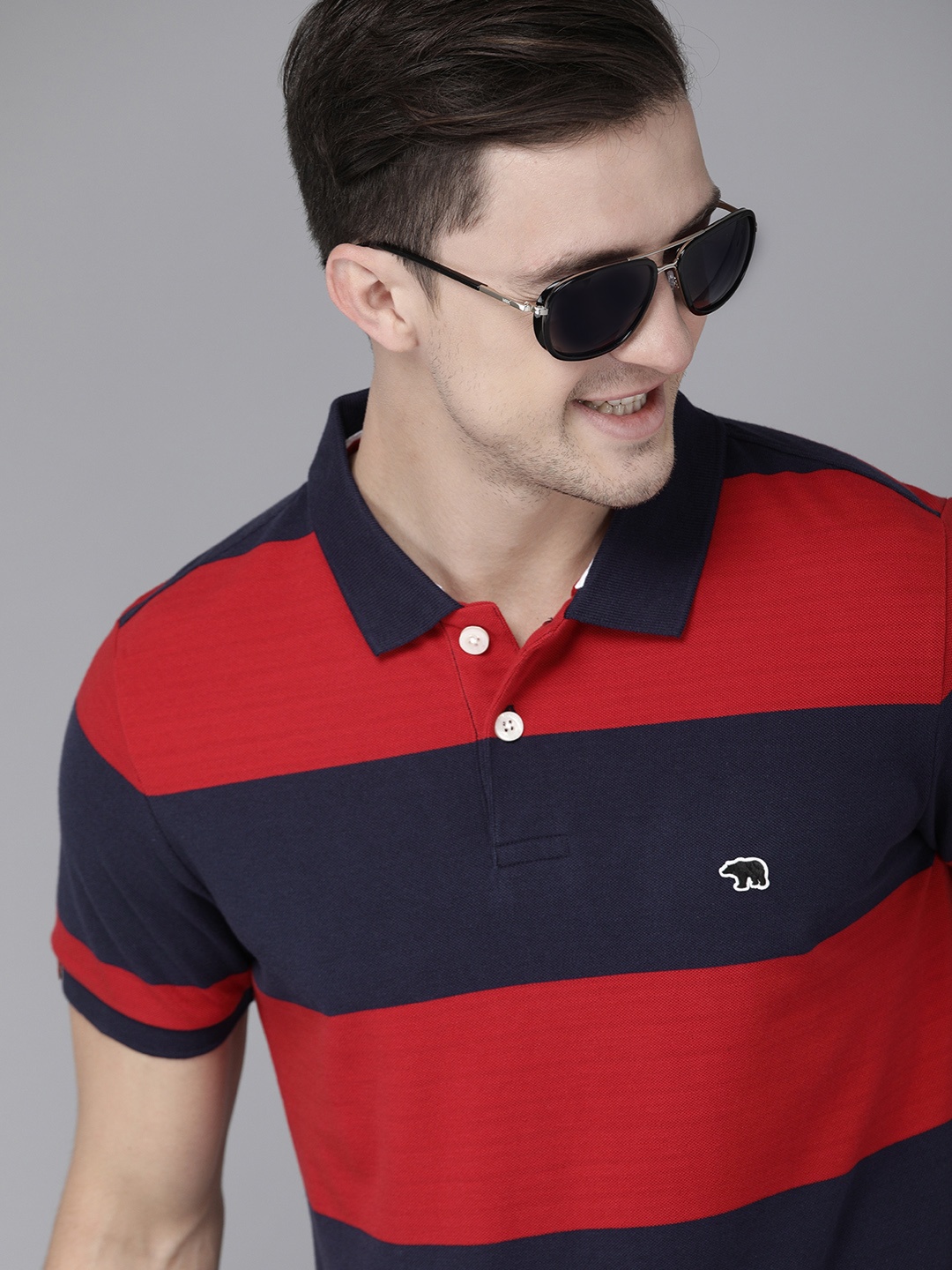

THE BEAR HOUSE Men Maroon Navy Blue Colourblocked Polo Collar Slim Fit Pure Cotton T-shirt
