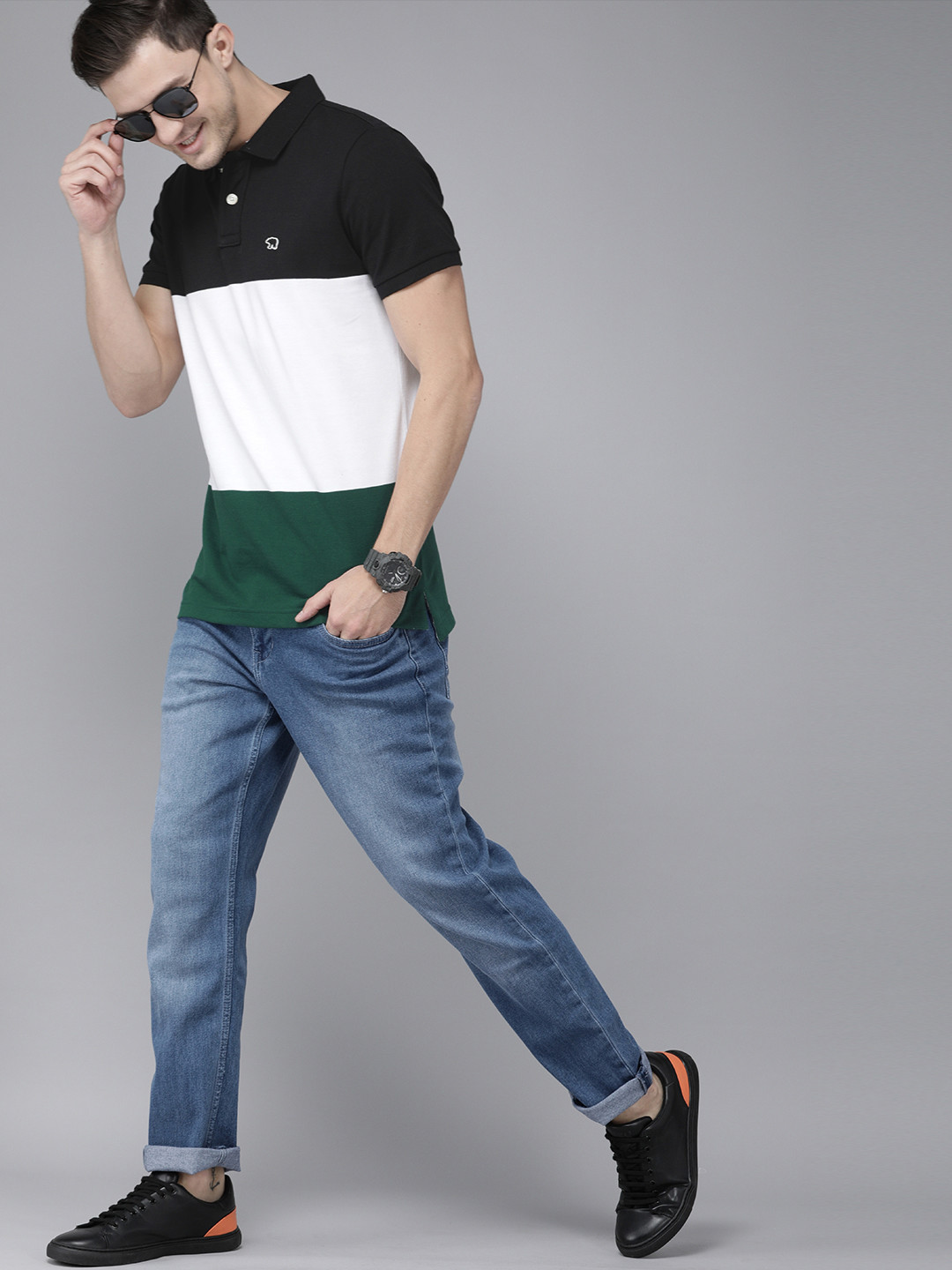 

THE BEAR HOUSE Men Black White Colourblocked Polo Collar Applique Slim Fit Pure Cotton T-shirt