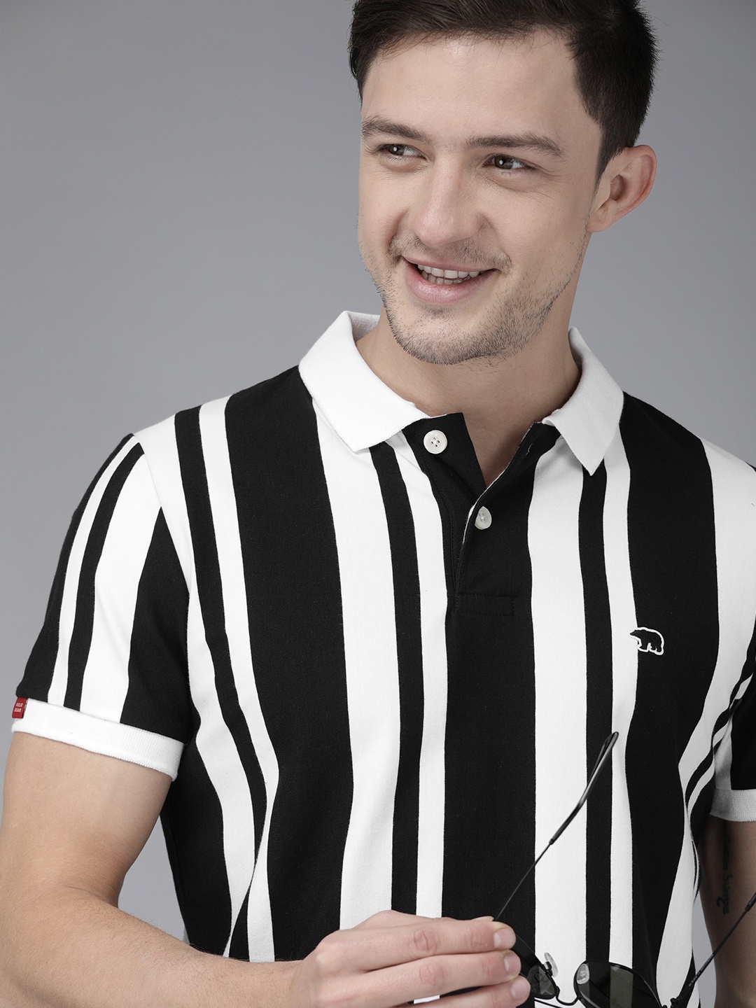 

THE BEAR HOUSE Men Black White Striped Polo Collar Slim Fit Pure Cotton T-shirt