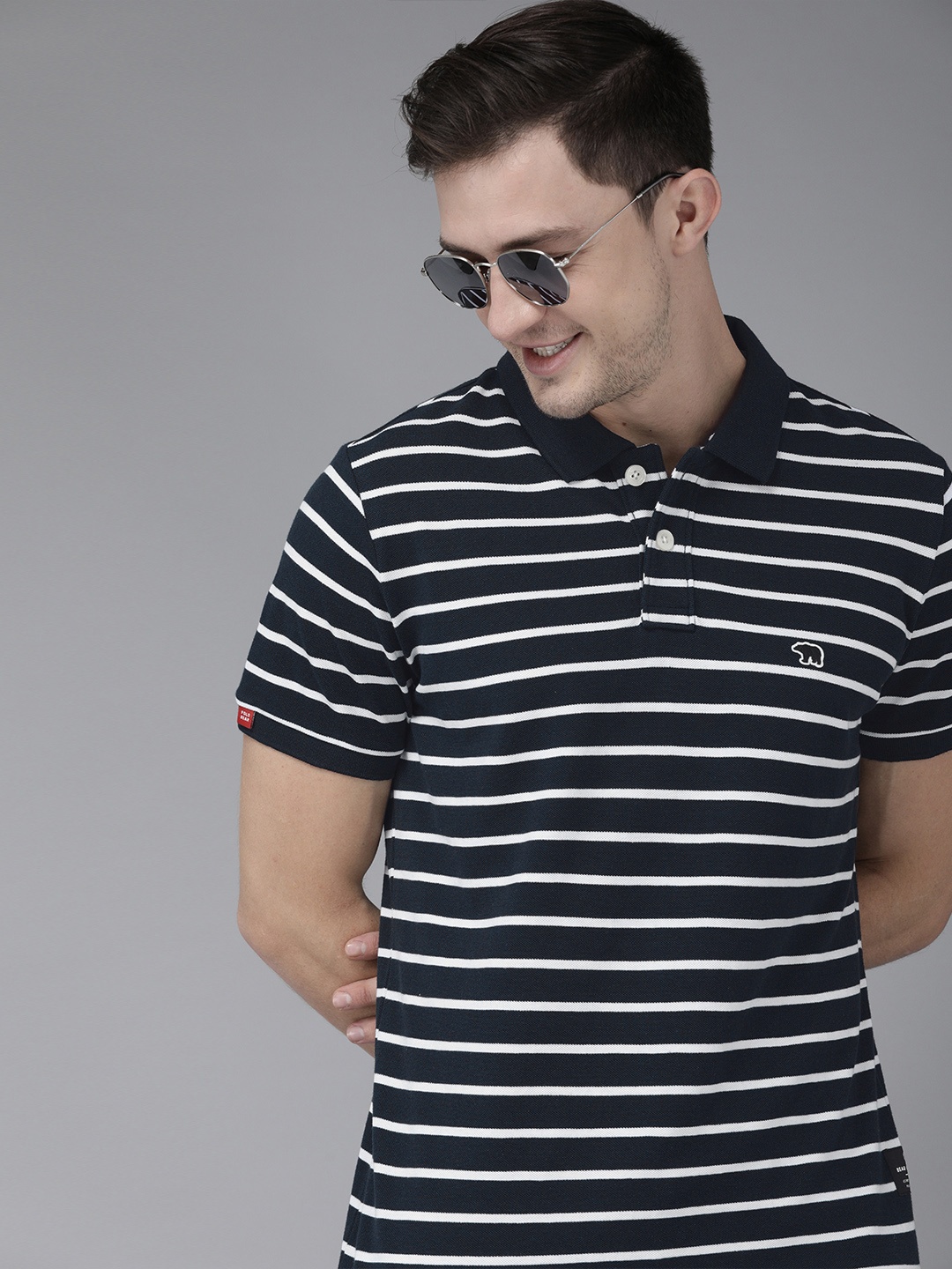 

THE BEAR HOUSE Men Navy Blue White Striped Polo Collar Slim Fit Pure Cotton T-shirt
