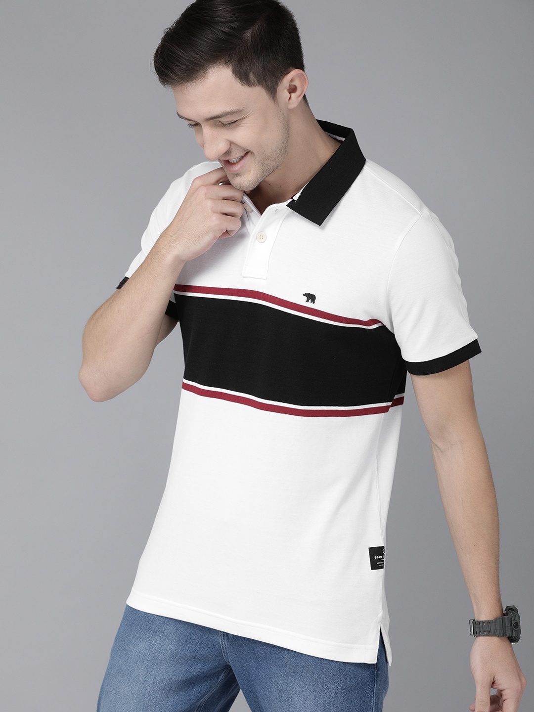 

THE BEAR HOUSE Men White Black Striped Polo Collar Slim Fit Pure Cotton T-shirt