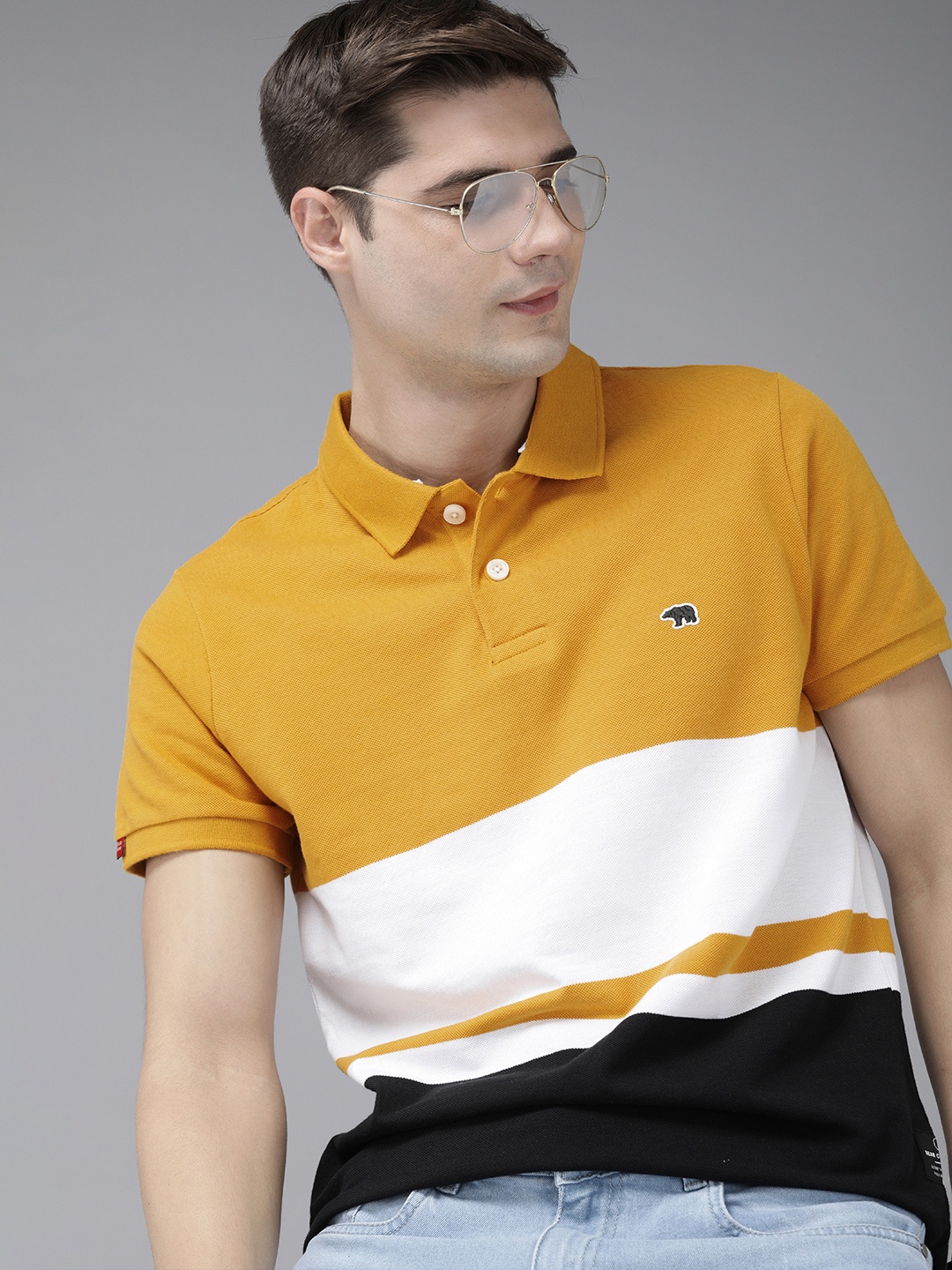 

THE BEAR HOUSE Men Mustard Yellow Black Colourblocked Polo Collar Slim Fit Pure Cotton T-shirt