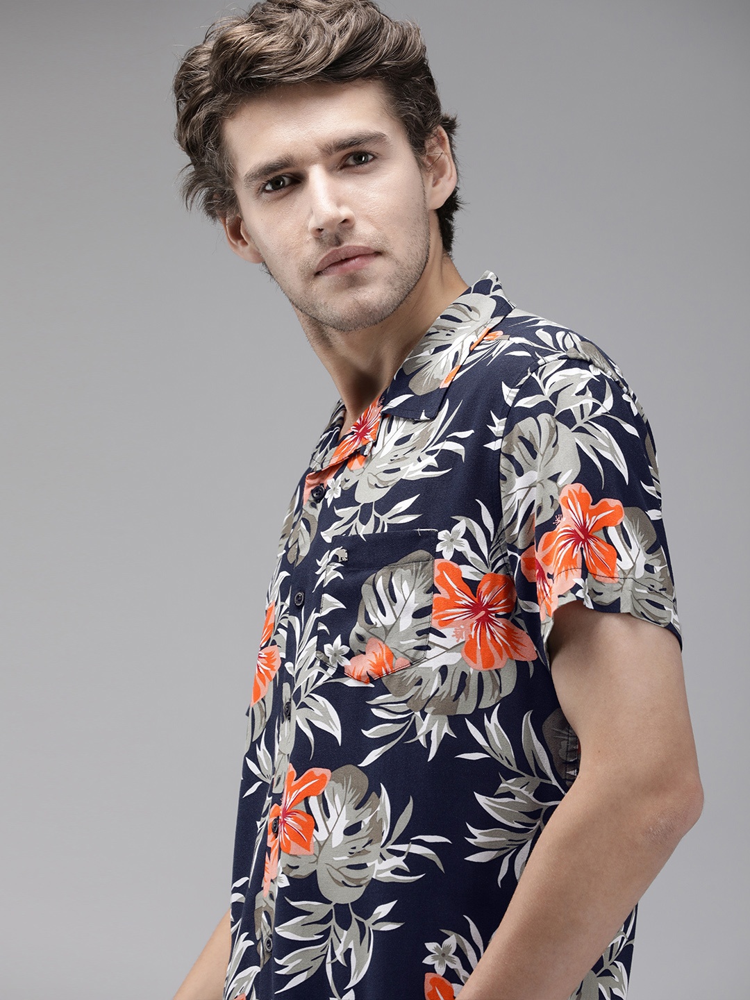 

THE BEAR HOUSE Men Navy Blue Slim Fit Floral Printed Casual Shirt
