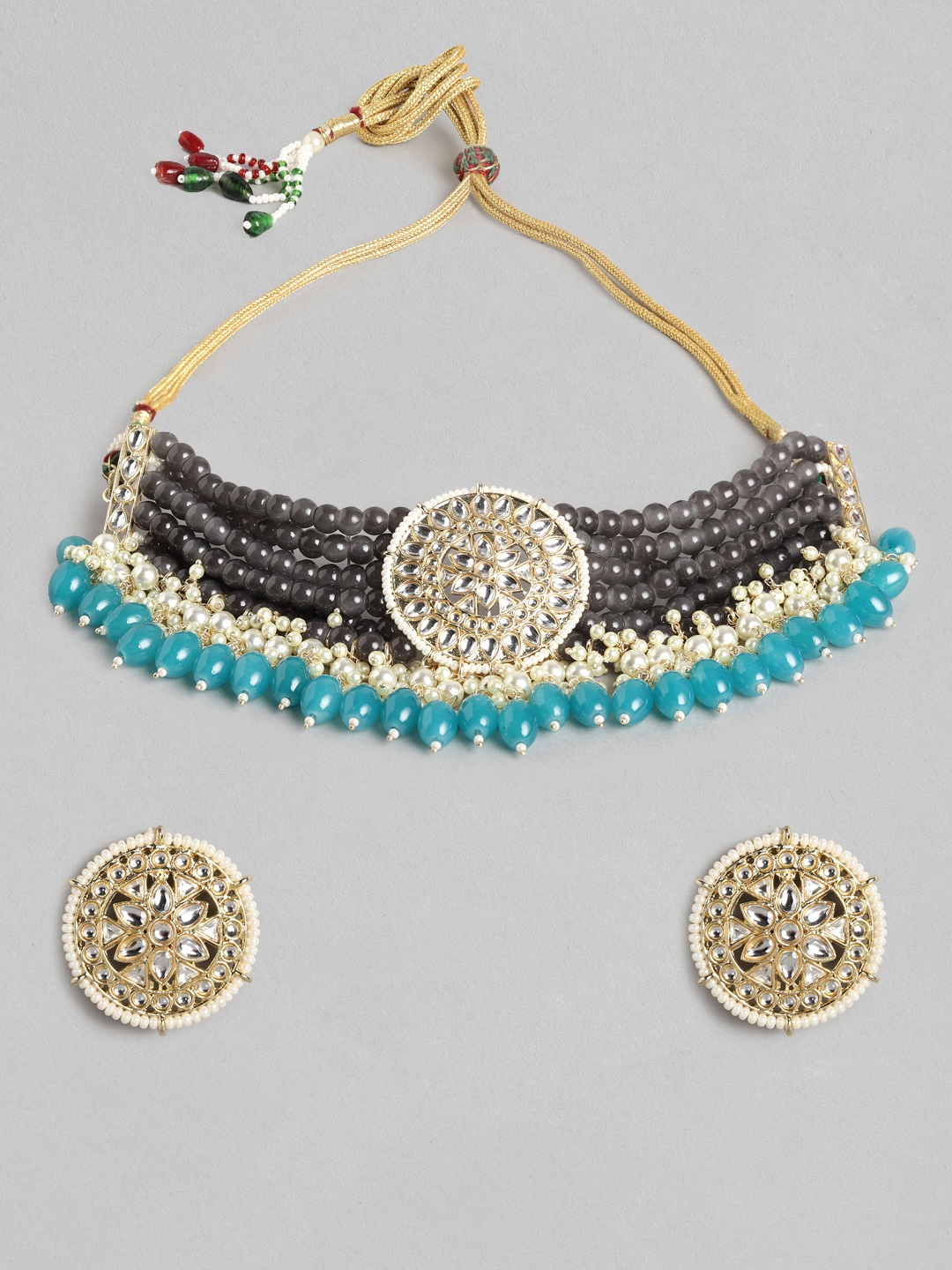 

Melani Borsa Grey & Blue Gold-Plated Kundan & Beaded Jewellery Set