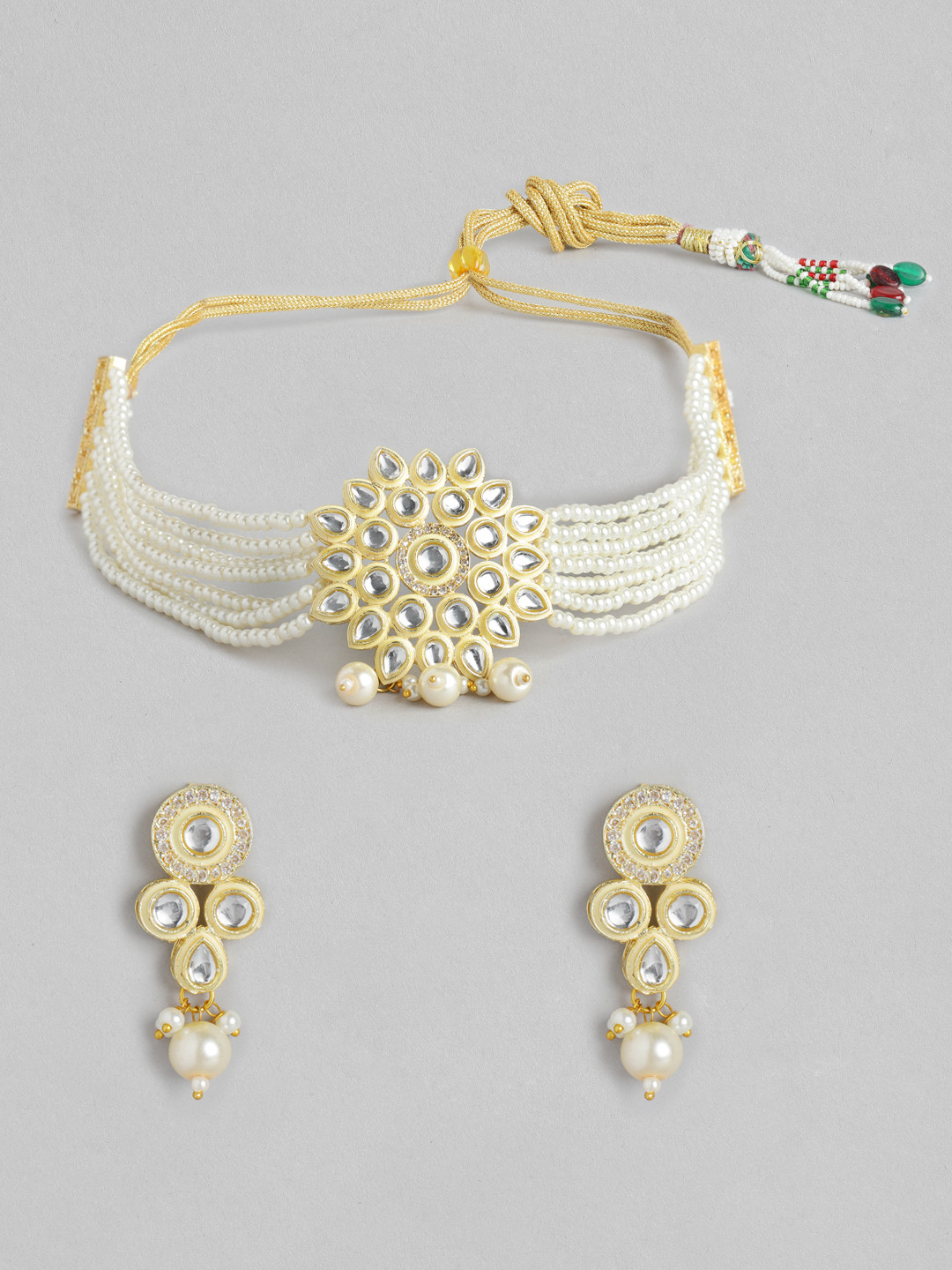 

Melani Borsa Off-White Gold-Plated Kundan Studded & Beaded Jewellery Set