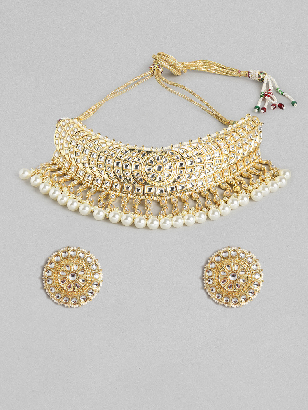 

Melani Borsa Off-White Gold-Plated Kundan Studded & Beaded Choker Jewellery Set