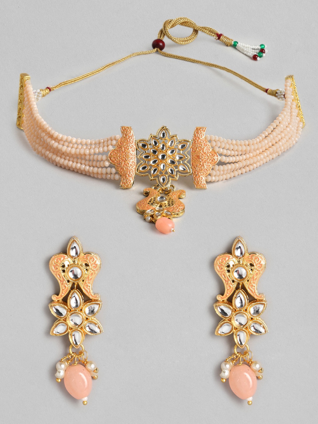 

Melani Borsa Peach-Coloured Gold-Plated Kundan Studded & Beaded Jewellery Set