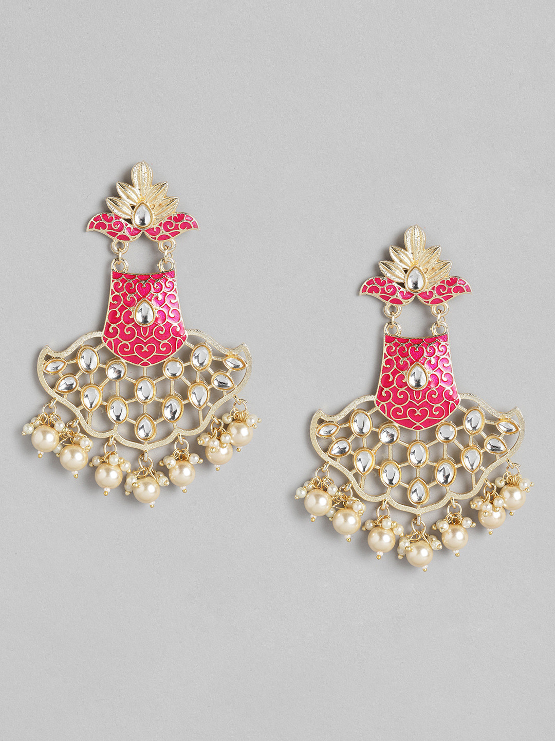 

Melani Borsa Pink Gold-Plated Kundan Studded & Beaded Classic Handcrafted Drop Earrings