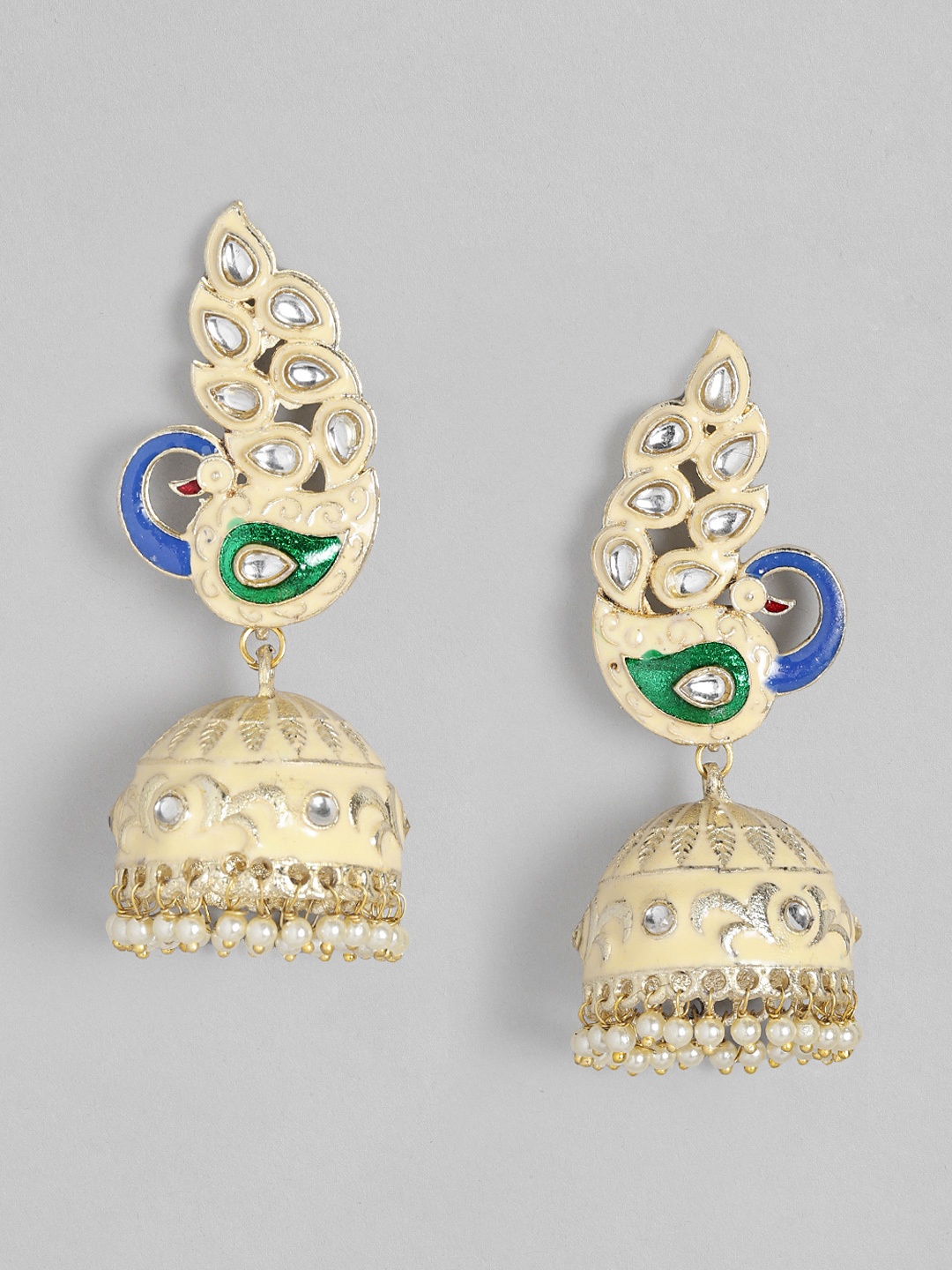 

Melani Borsa Cream-Coloured Gold-Plated Kundan Studded & Beaded Handcrafted Jhumkas