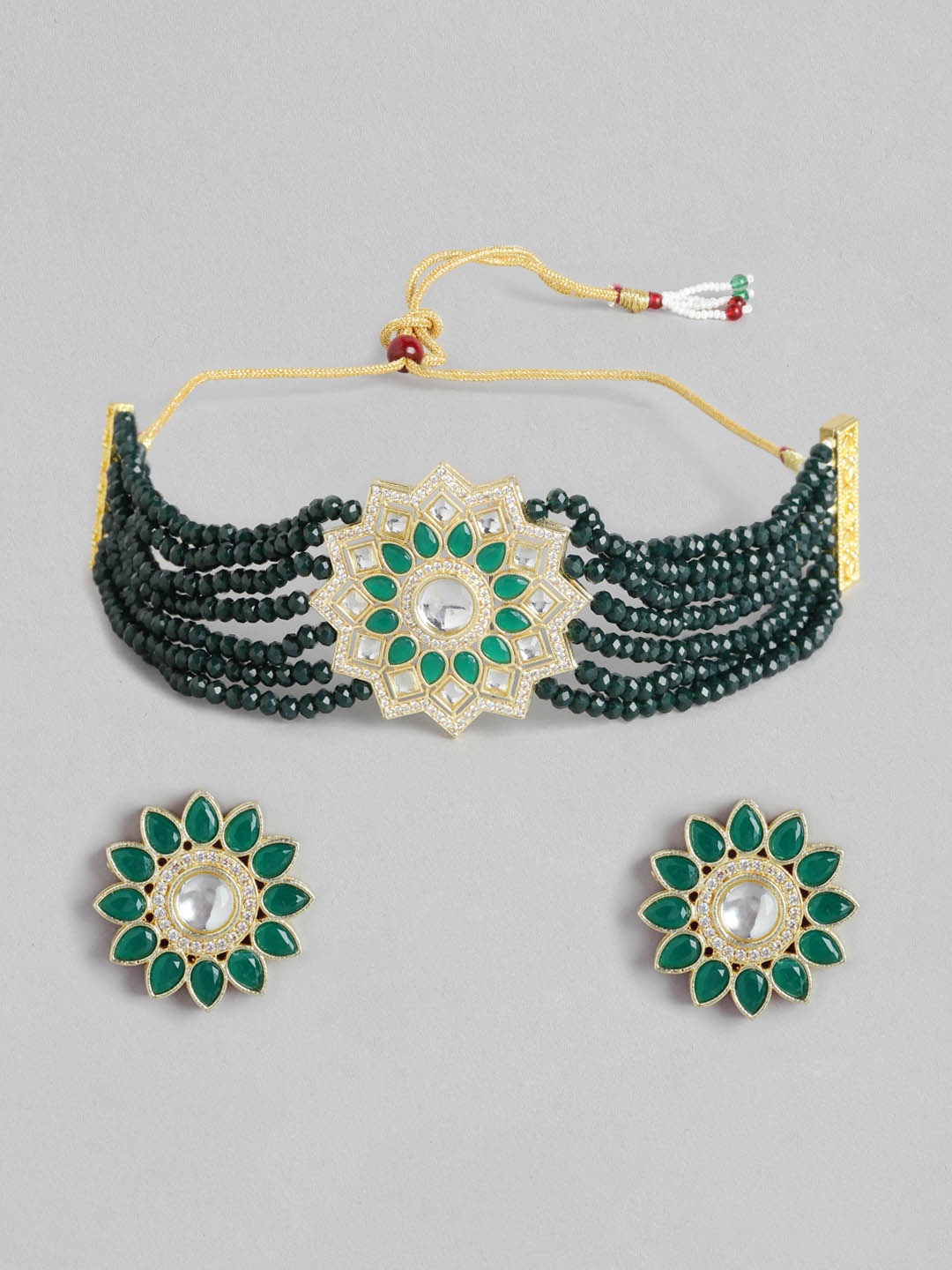 

Melani Borsa Green Gold-Plated Kundan Studded & Beaded Jewellery Set
