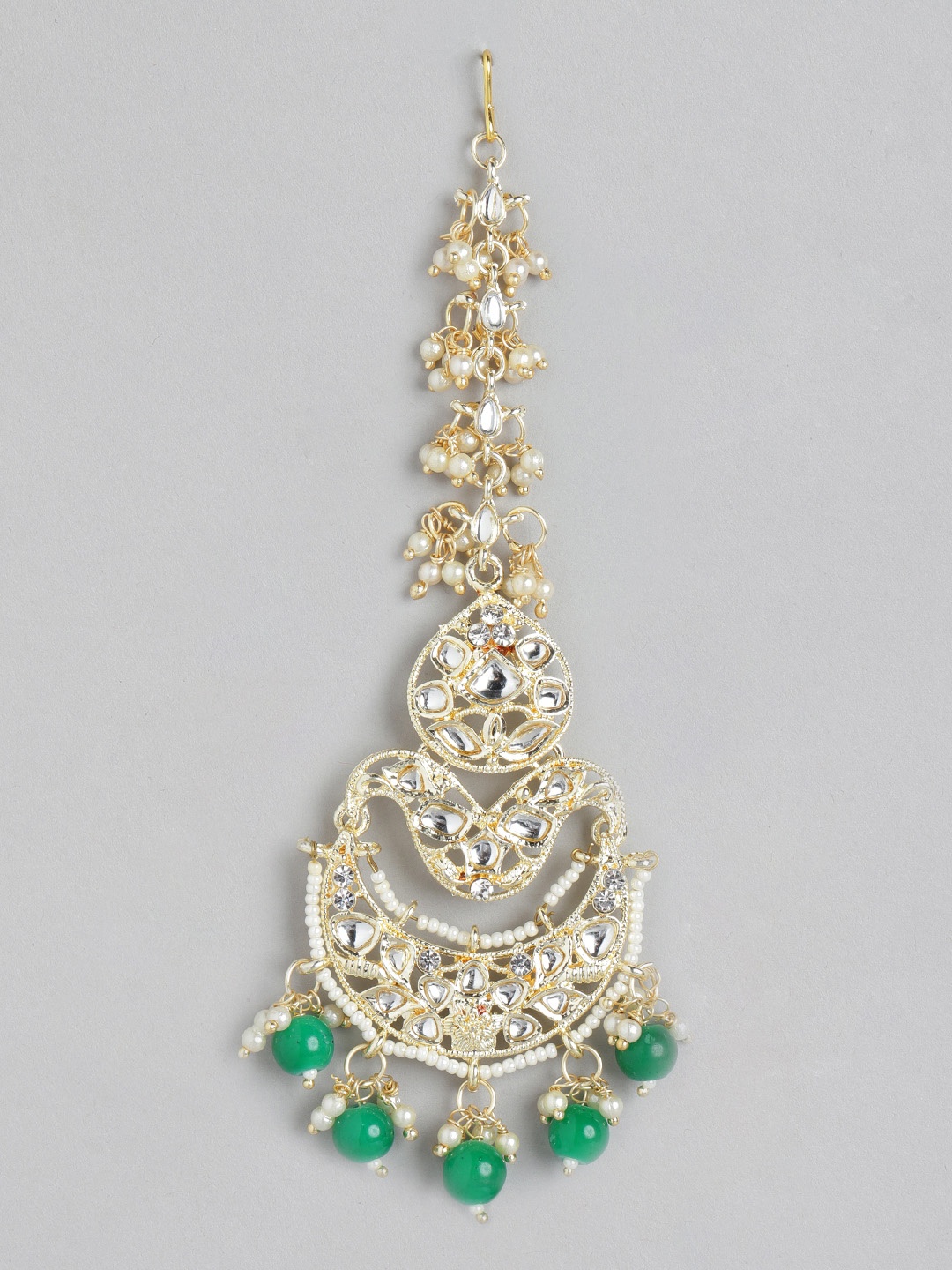 

Melani Borsa Green & Off-White Gold-Plated Kundan Studded Handcrafted Maang Tika