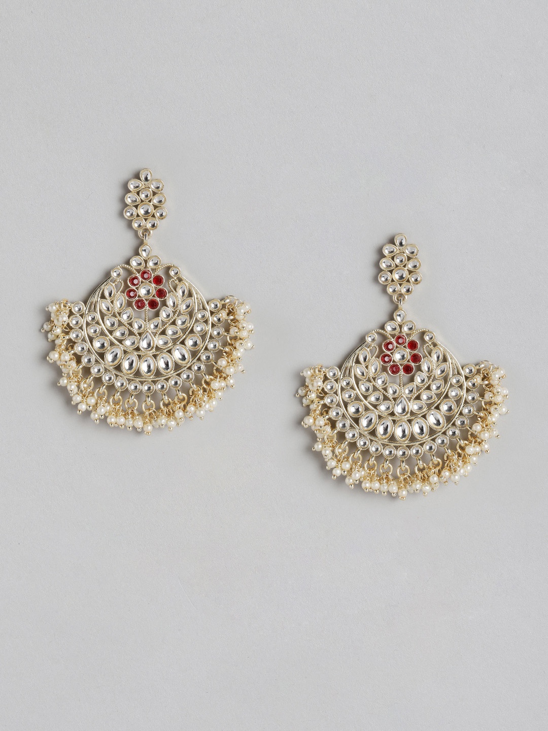 

Melani Borsa Off White & Red Kundan Studded & Beaded Handcrafted Chandbalis, Gold