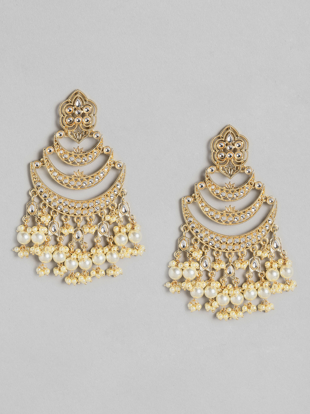 

Melani Borsa Gold-Plated Kundan Studded & Beaded Crescent Shaped Handcrafted Drop Earrings