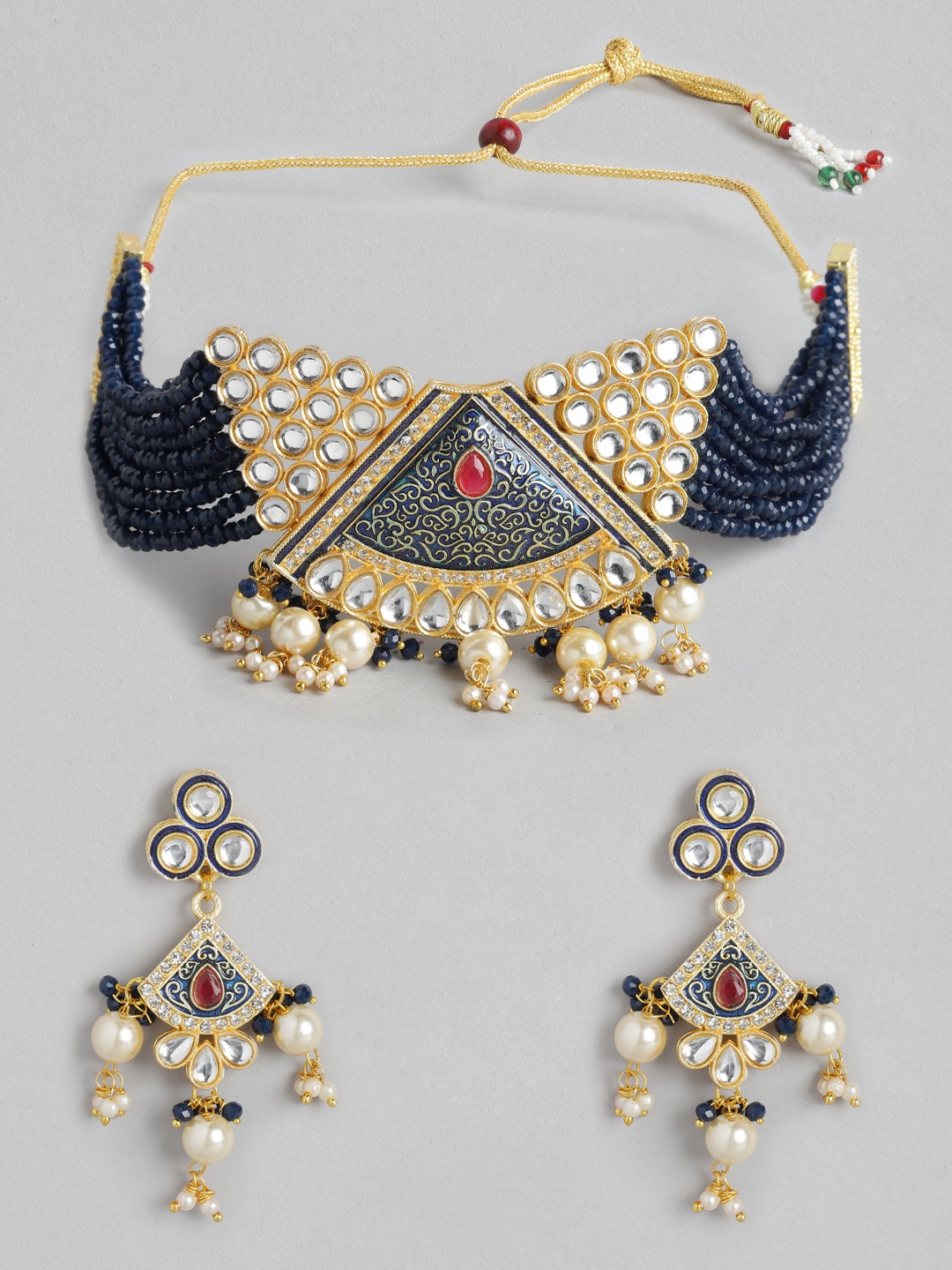 

Melani Borsa Navy Blue Gold-Plated Kundan Studded & Beaded Enamelled Jewellery Set