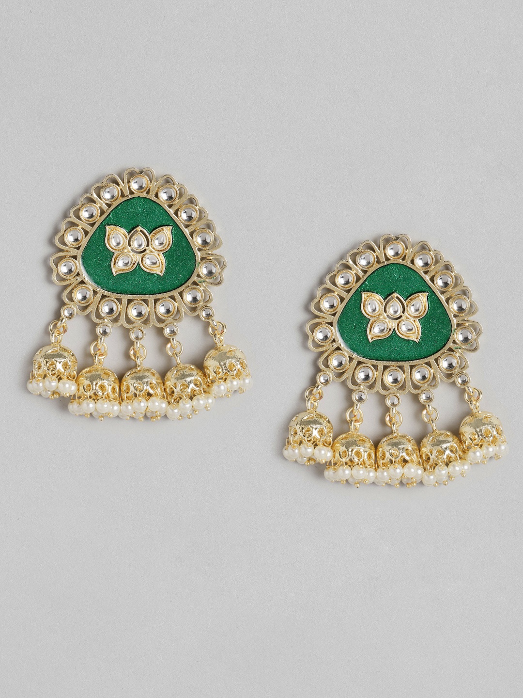 

Melani Borsa Green Gold-Plated Kundan Studded & Beaded Handcrafted Drop Earrings