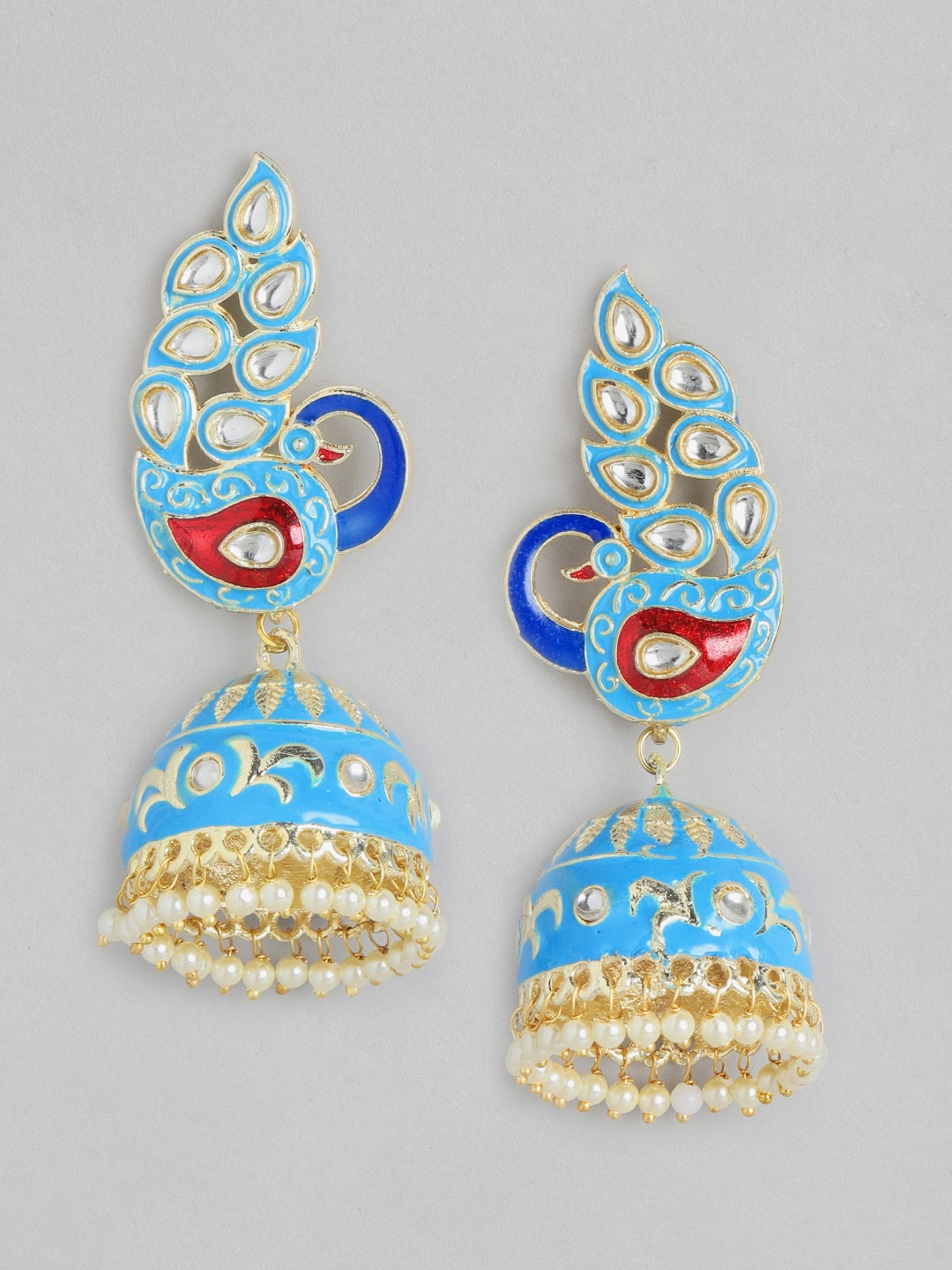 

Melani Borsa Blue Gold-Plated Kundan Studded & Beaded Handcrafted Dome Shaped Jhumkas