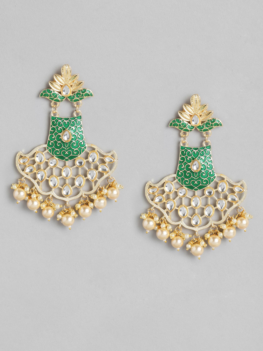 

Melani Borsa Green Gold-Plated Kundan Studded & Beaded Handcrafted Classic Drop Earrings